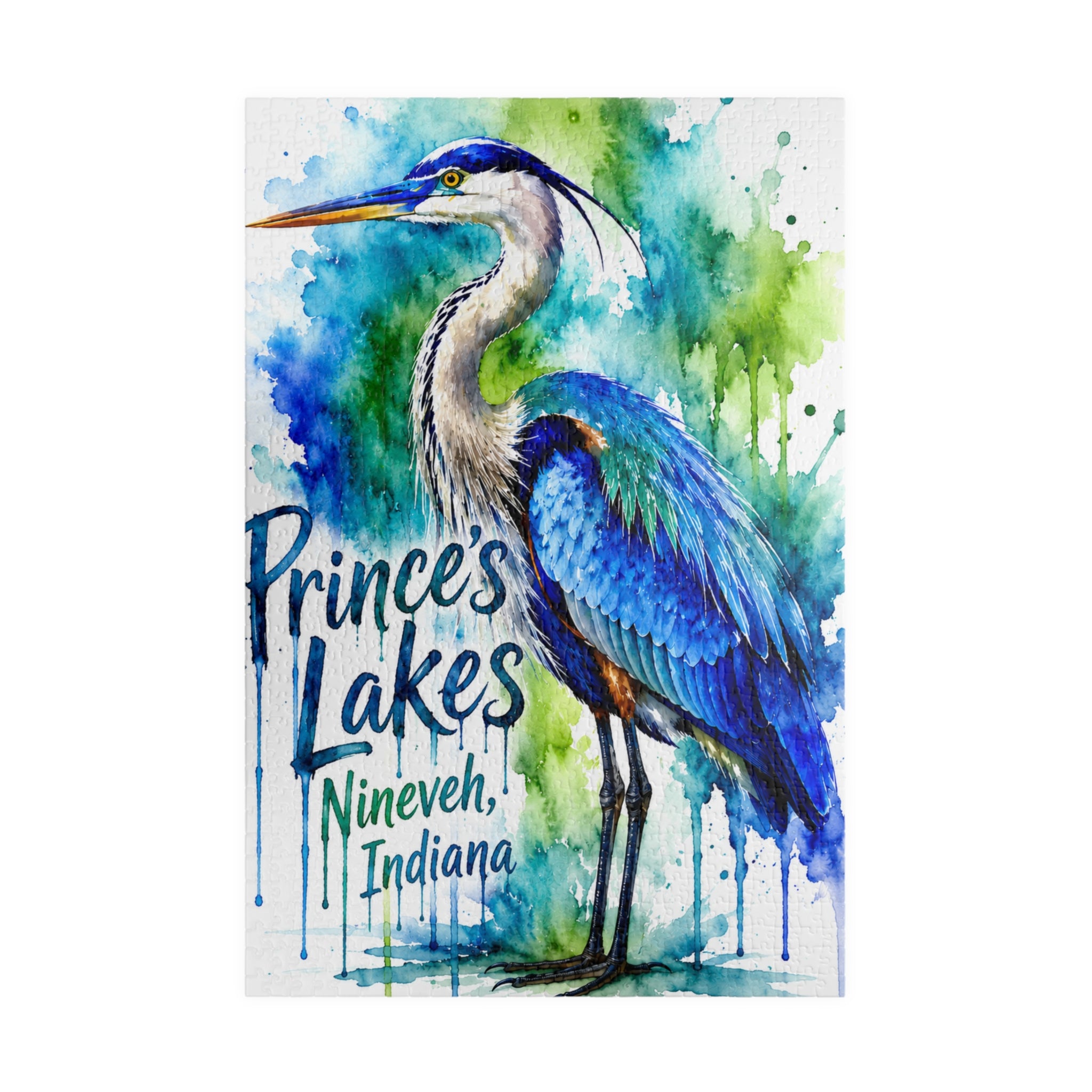 Blue Heron Watercolor Puzzle — "Prince's Lakes, Nineveh, Indiana" Artistic Jigsaw (1014 pcs)