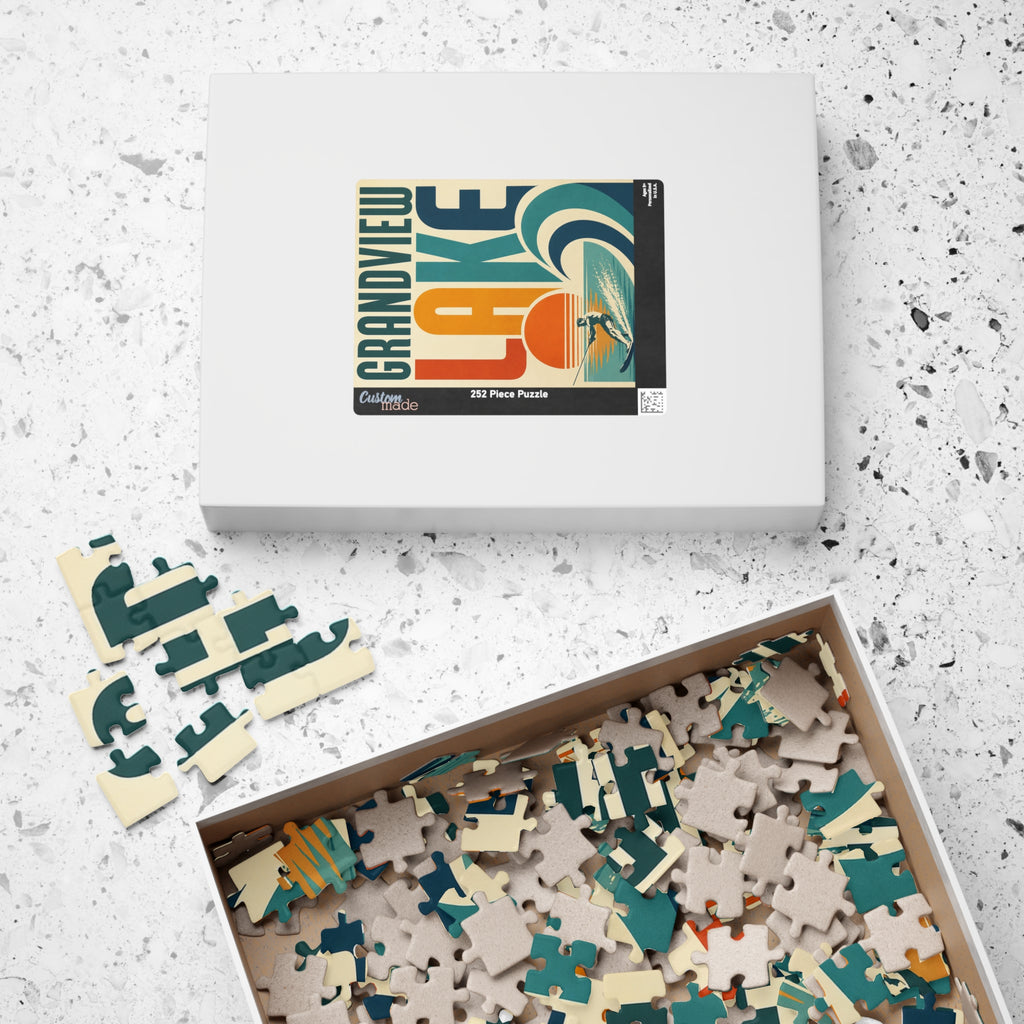 Kids Grandview Lake Retro Waterskiing Puzzle — Vintage Lake Poster Jigsaw (110/252/520 pcs)