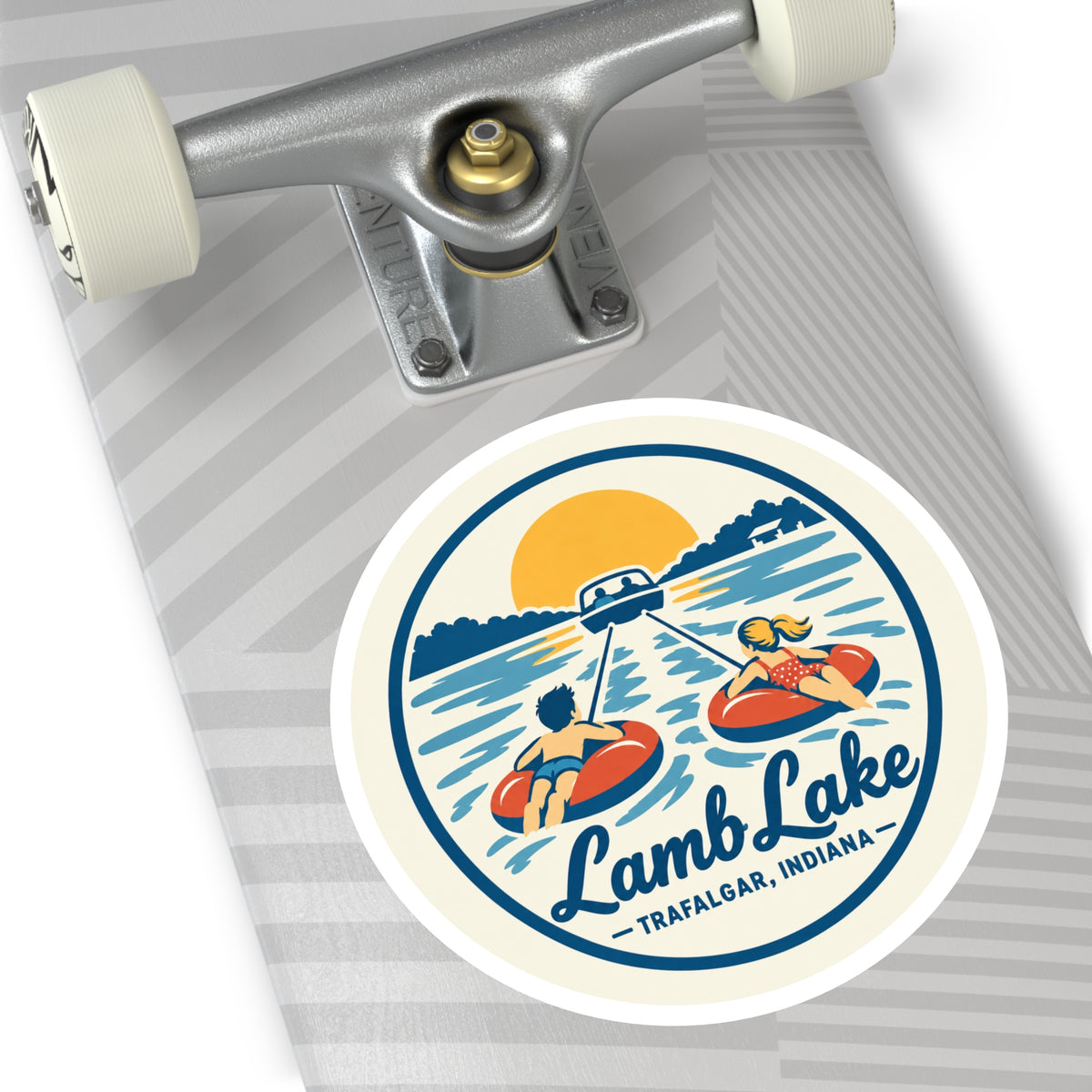 Lamb Lake Round Sticker — Retro Lake Tubing Design (Trafalgar, Indiana)