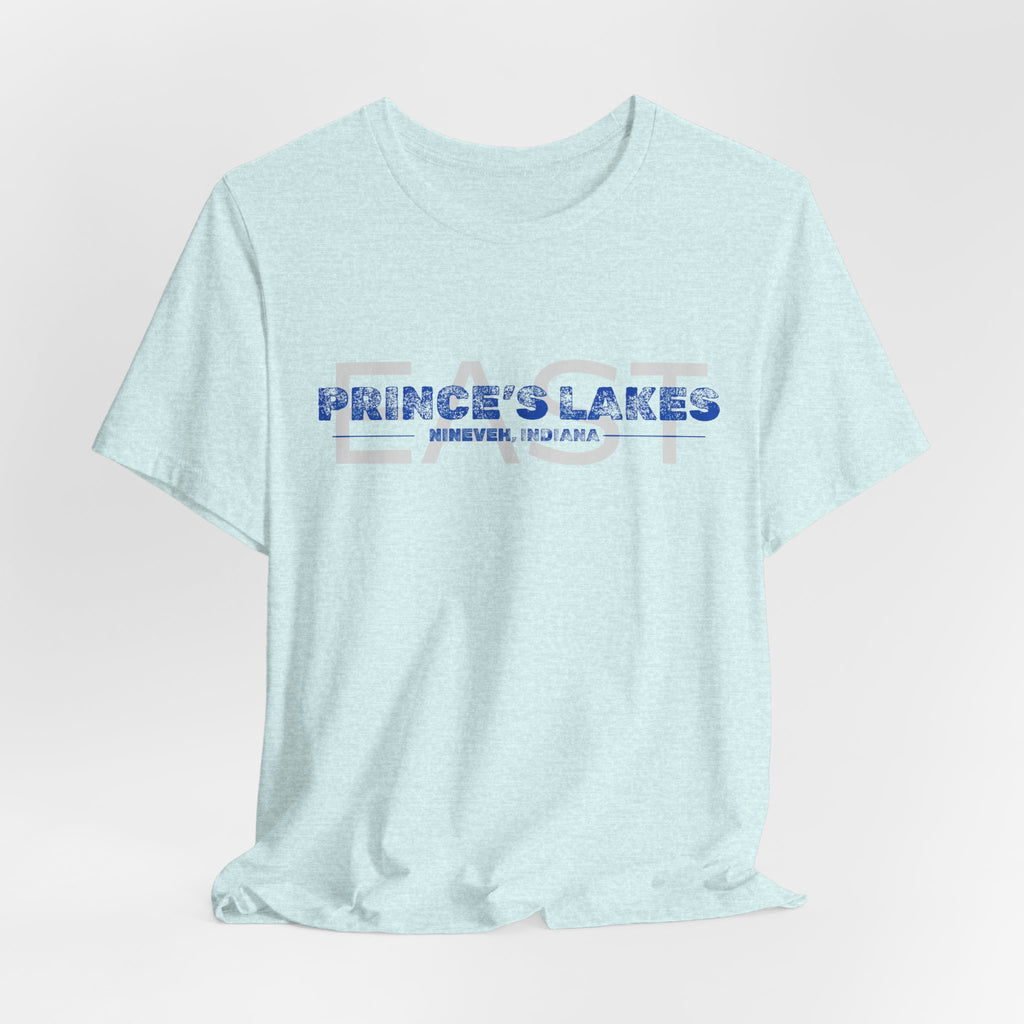 EAST Prince's Lakes, Indiana Tee — Vintage Blue Text Short Sleeve T-Shirt