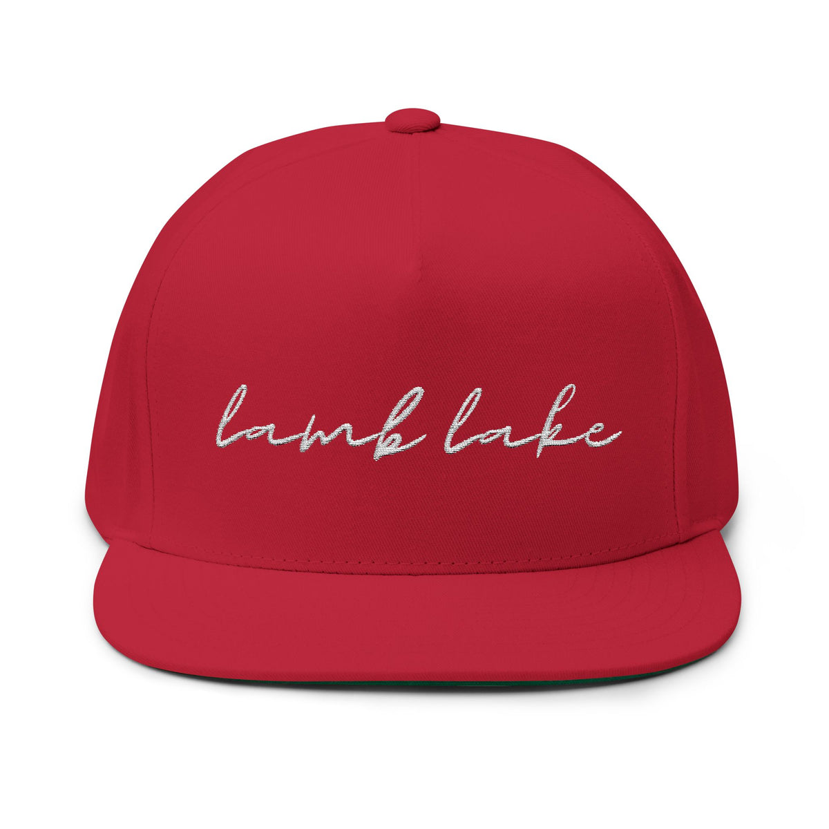 Lamb Lake White Script Embroidered Flat Bill Cap