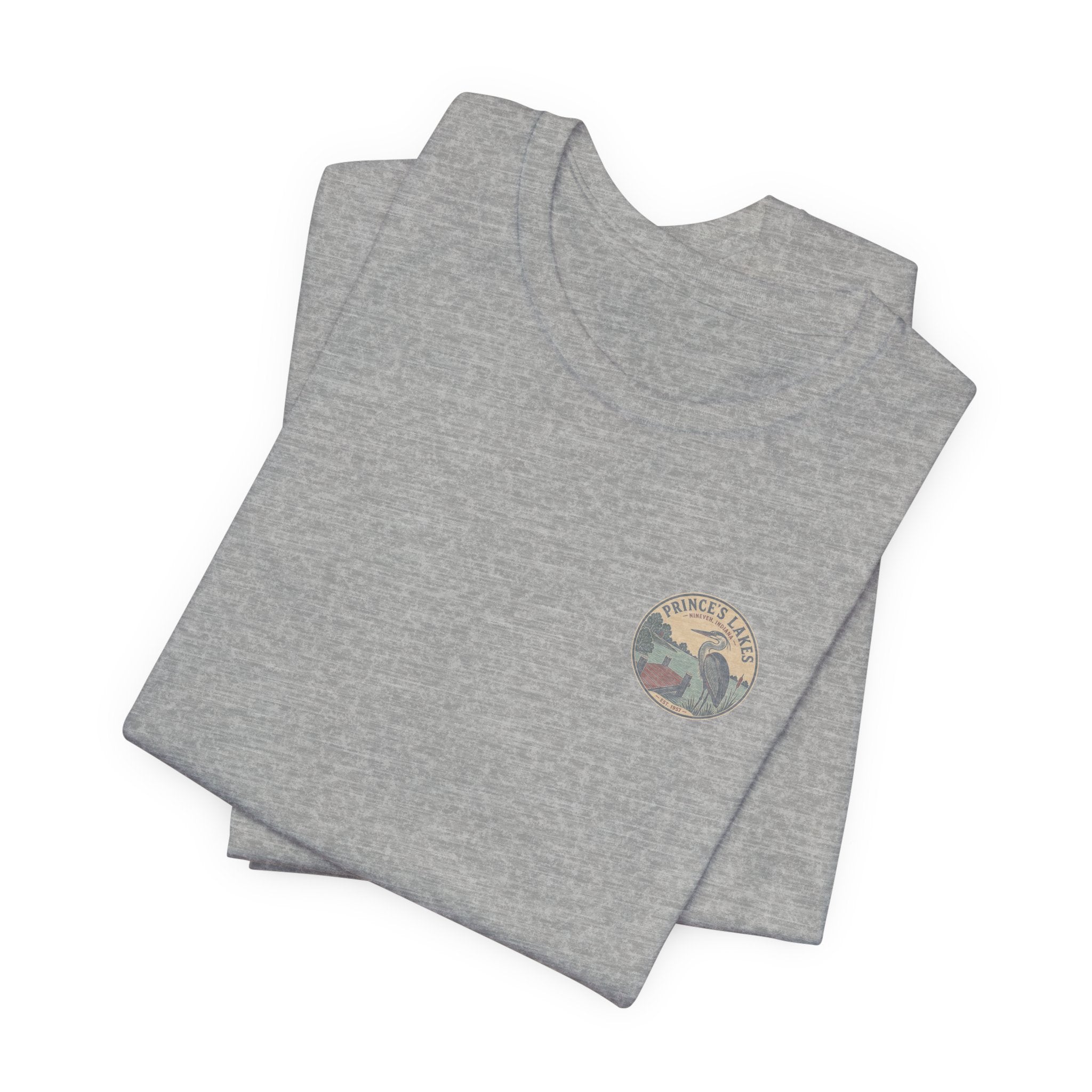 Prince's Lakes Great Blue Heron Graphic Tee — Vintage Nature Pocket & Back Print