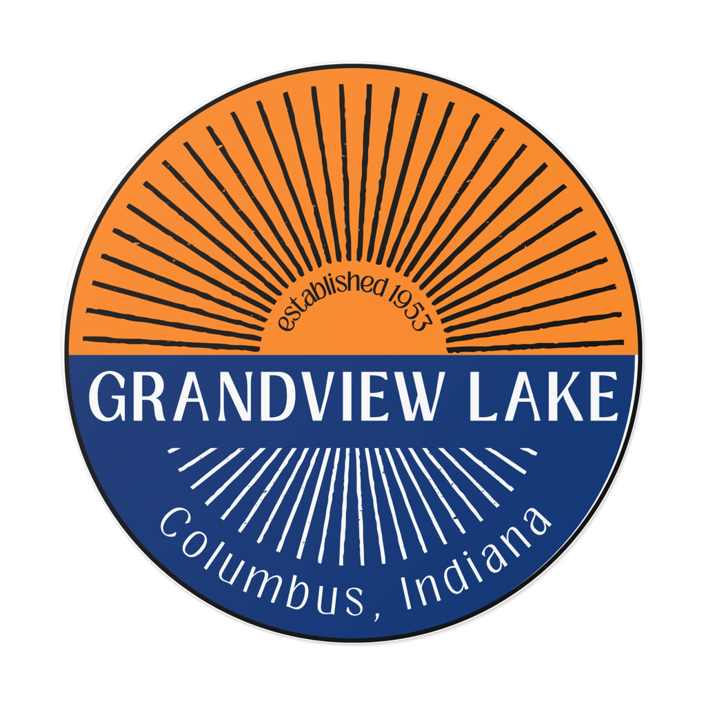 Grandview Lake Split Sun Round Vinyl Sticker — Columbus, Indiana (Established 1953)
