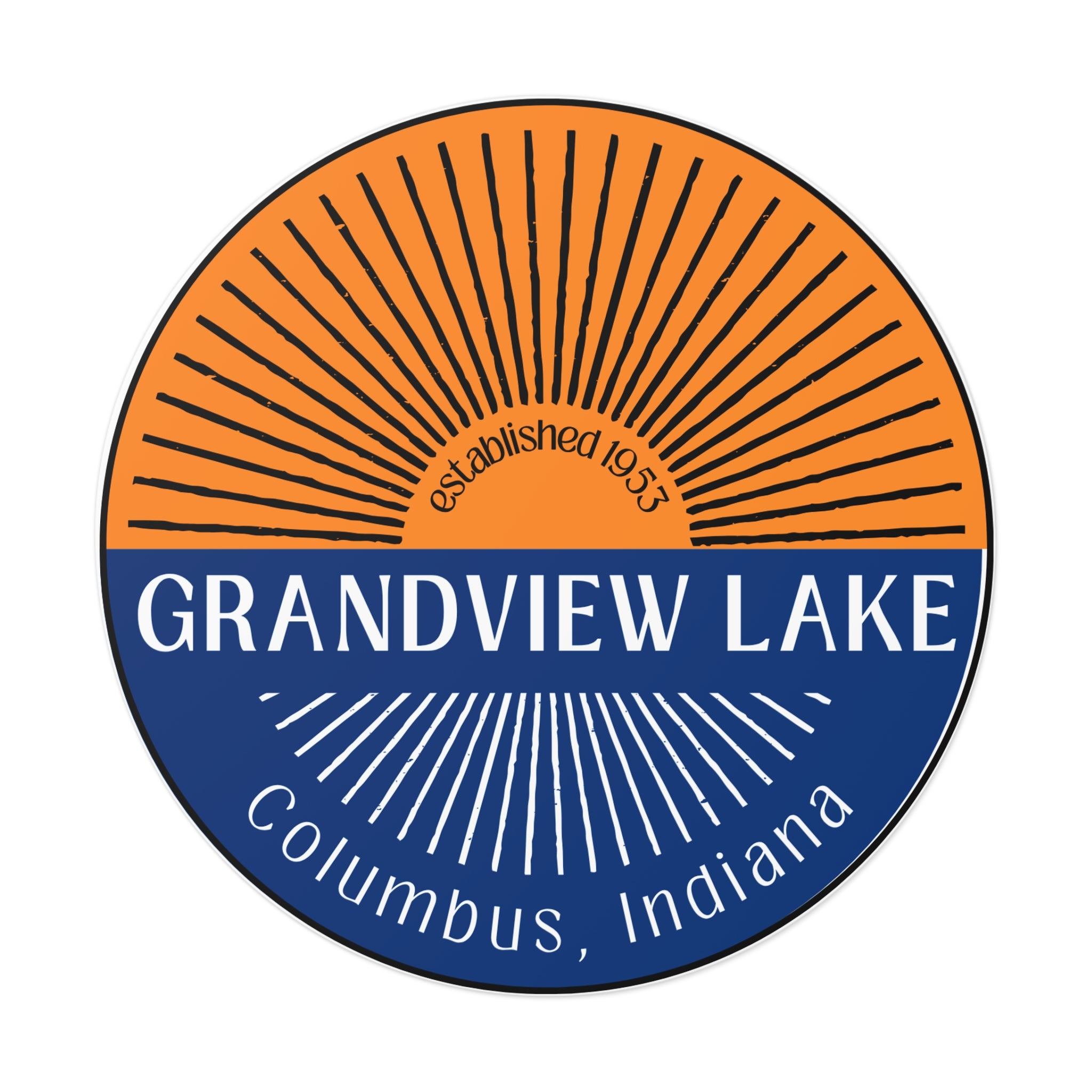 Grandview Lake Split Sun Round Vinyl Sticker — Columbus, Indiana (Established 1953)