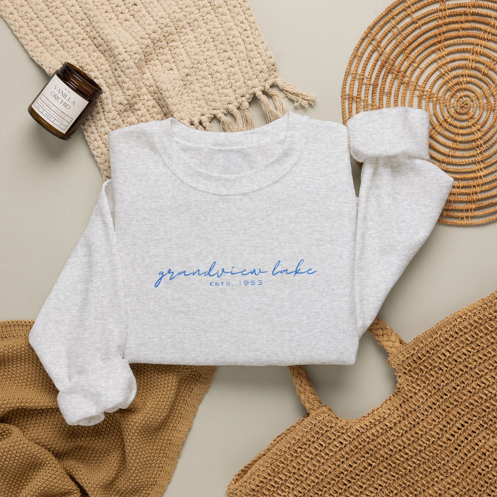 Grandview Lake Script Embroidered Unisex Sweatshirt — Minimal Blue Handwritten Logo Crewneck