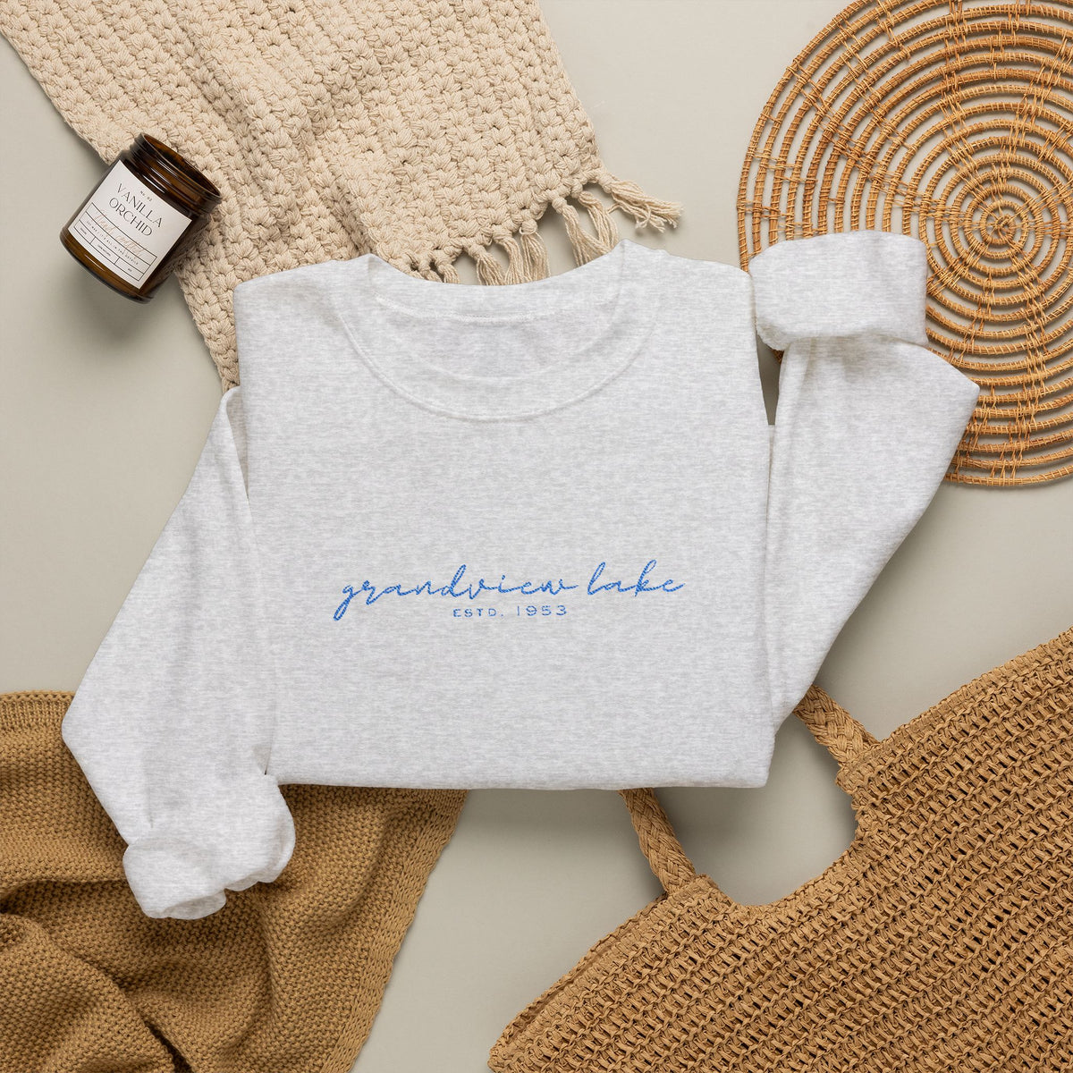 Grandview Lake Script Embroidered Unisex Sweatshirt — Minimal Blue Handwritten Logo Crewneck