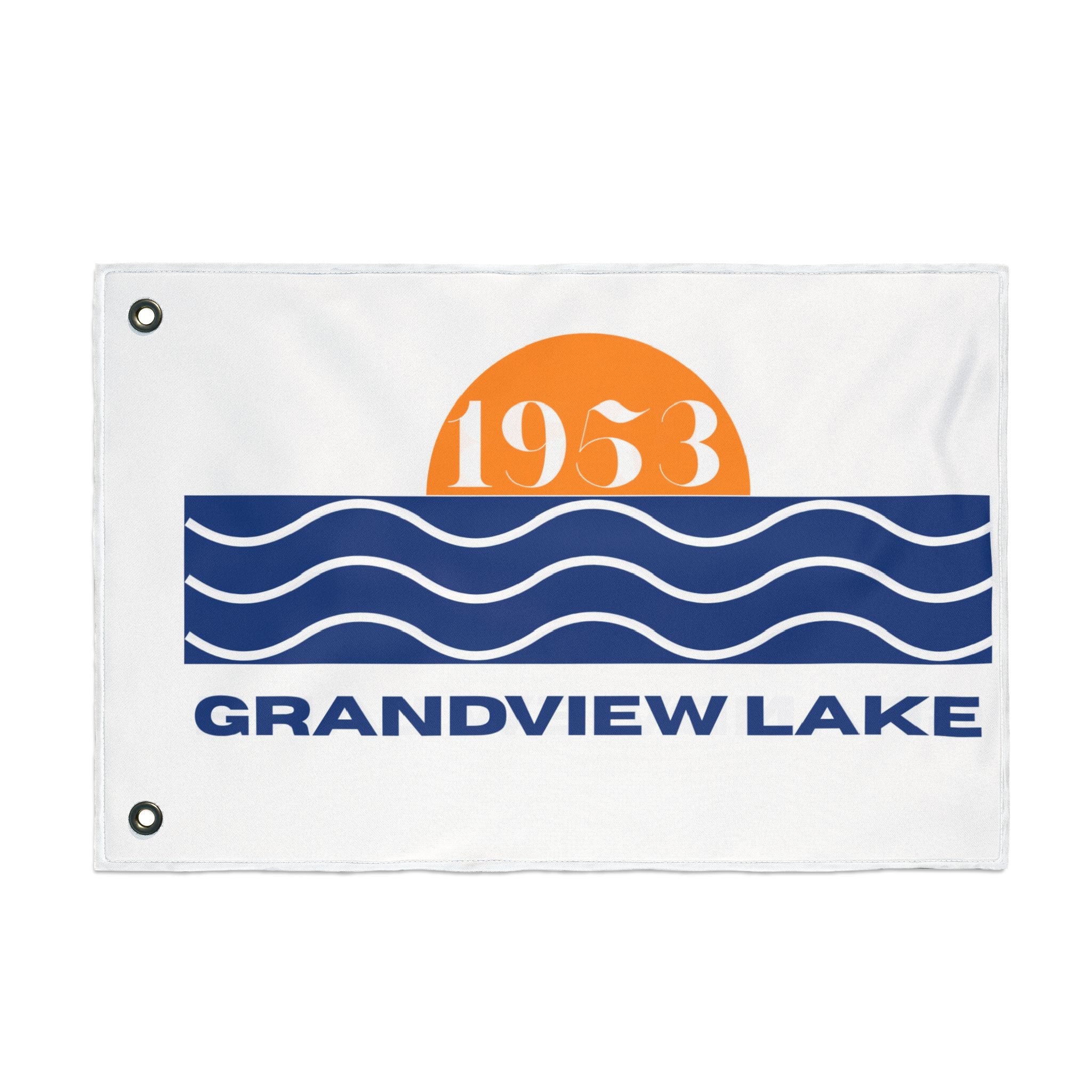 Grandview Lake Double-Sided Outdoor Flag — Sunset Wave Logo Garden Flag
