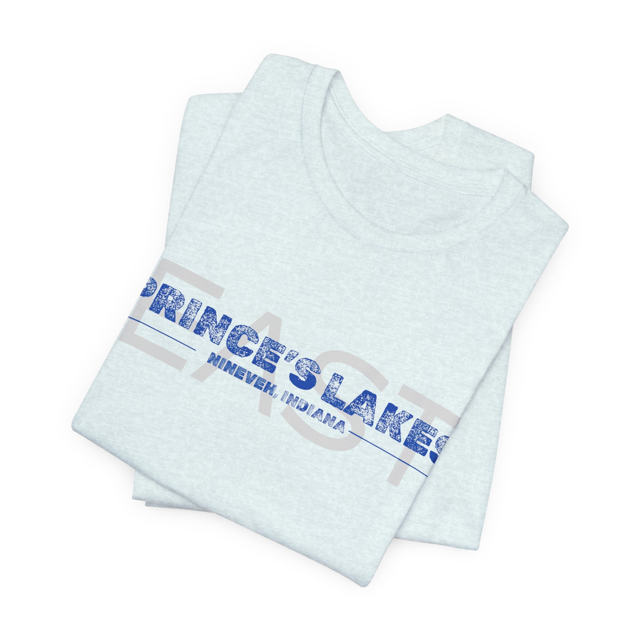 EAST Prince's Lakes, Indiana Tee — Vintage Blue Text Short Sleeve T-Shirt