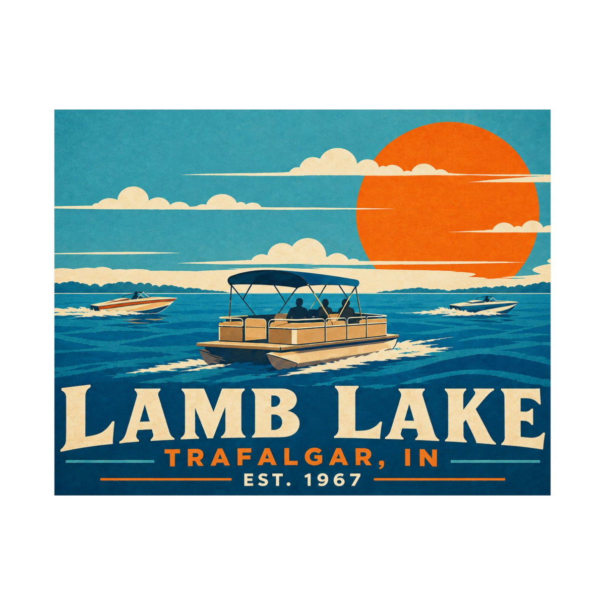 Lamb Lake Poster — Vintage Lake Boat Print (Trafalgar, IN, Est. 1967)