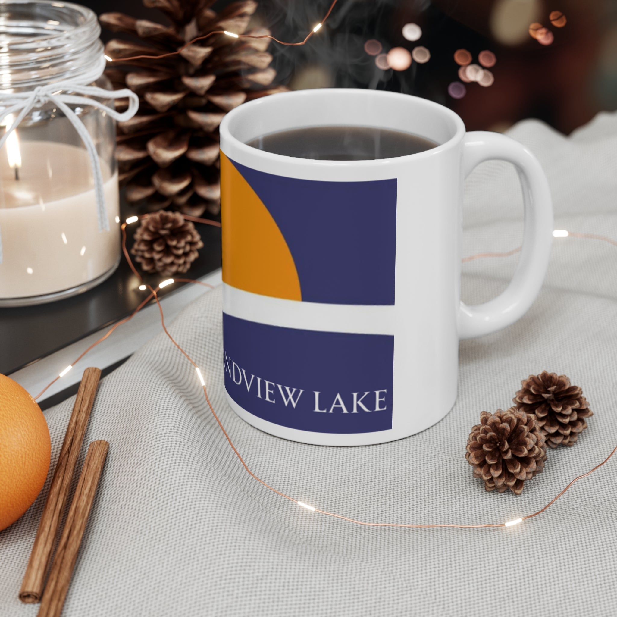 Grandview Lake Flag Sunset Mug — Scenic Lake Cabin Coffee Cup (11oz)