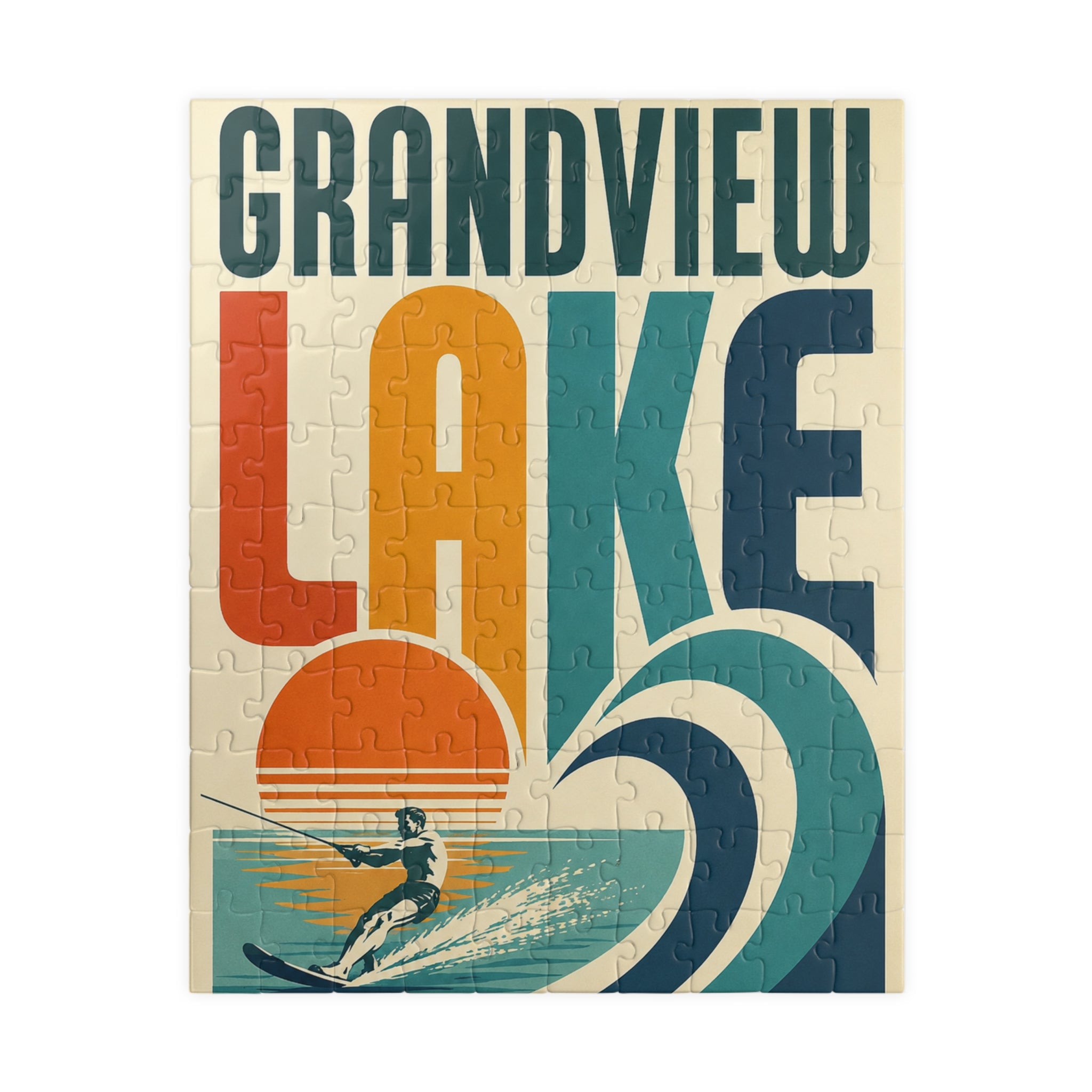 Kids Grandview Lake Retro Waterskiing Puzzle — Vintage Lake Poster Jigsaw (110/252/520 pcs)