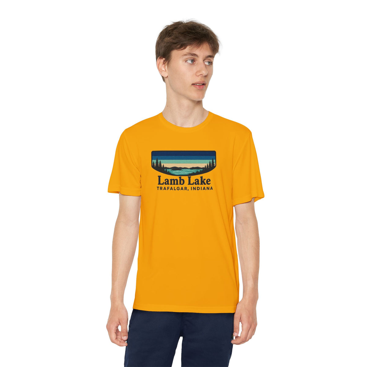 Youth Performance Tee — Lamb Lake Retro Sunset Camp Shirt