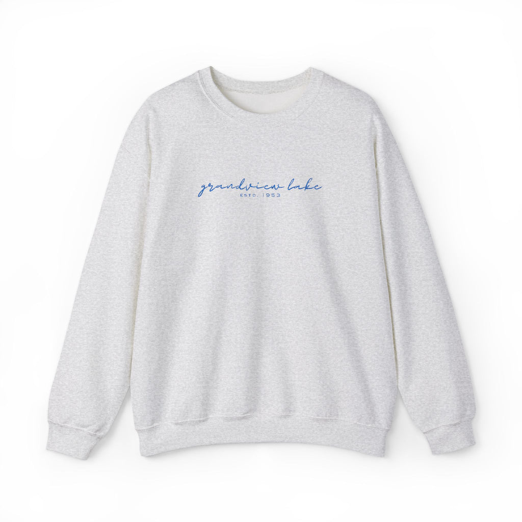 Grandview Lake Script Embroidered Unisex Sweatshirt — Minimal Blue Handwritten Logo Crewneck