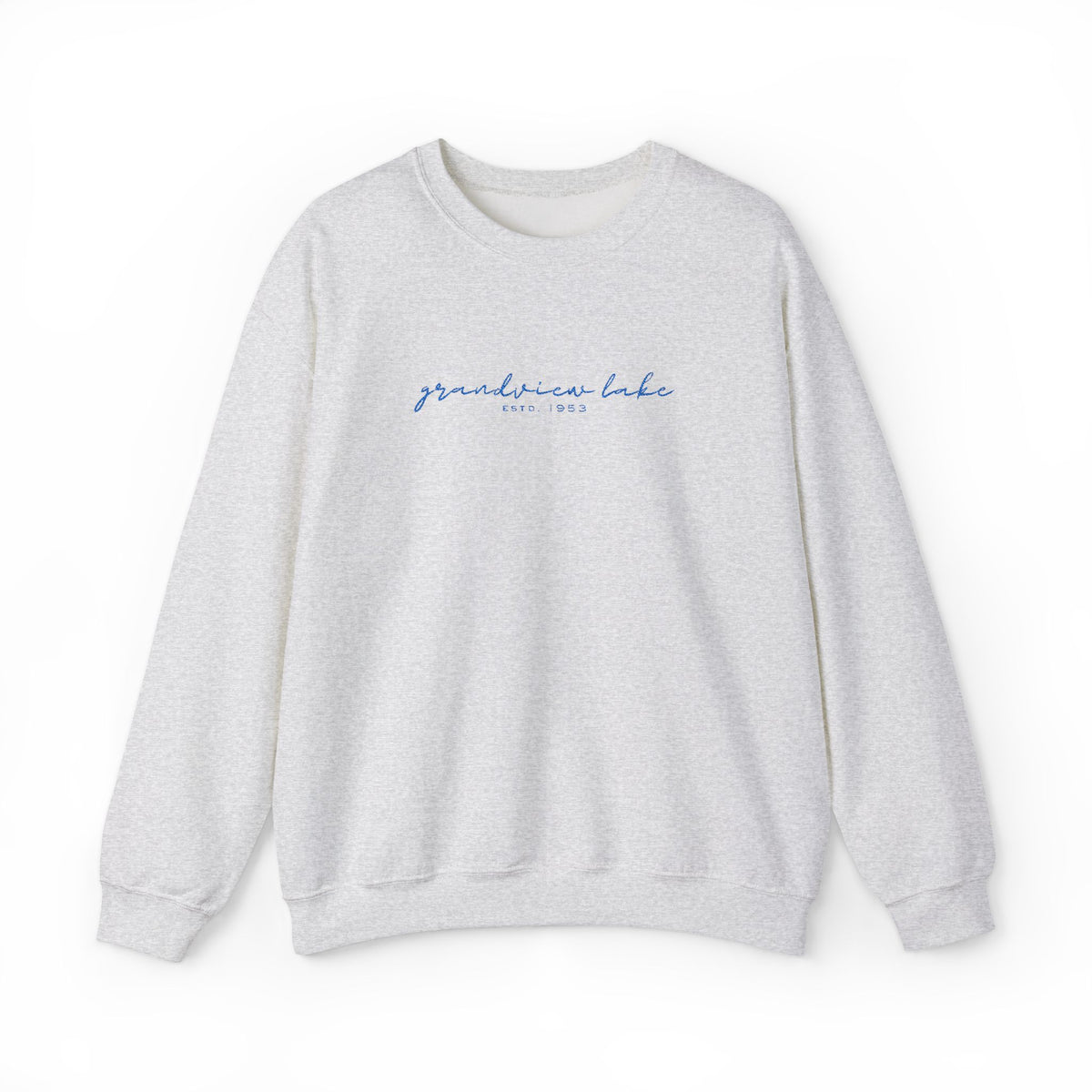 Grandview Lake Script Embroidered Unisex Sweatshirt — Minimal Blue Handwritten Logo Crewneck