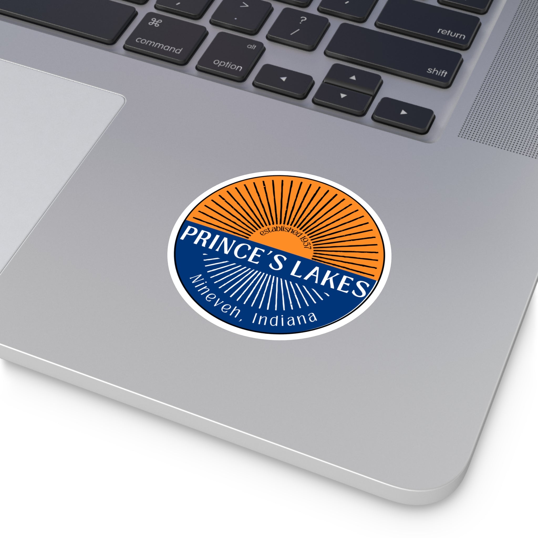 Prince's Lakes Round Vinyl Sticker — Nineveh, Indiana Split Sunrise Design