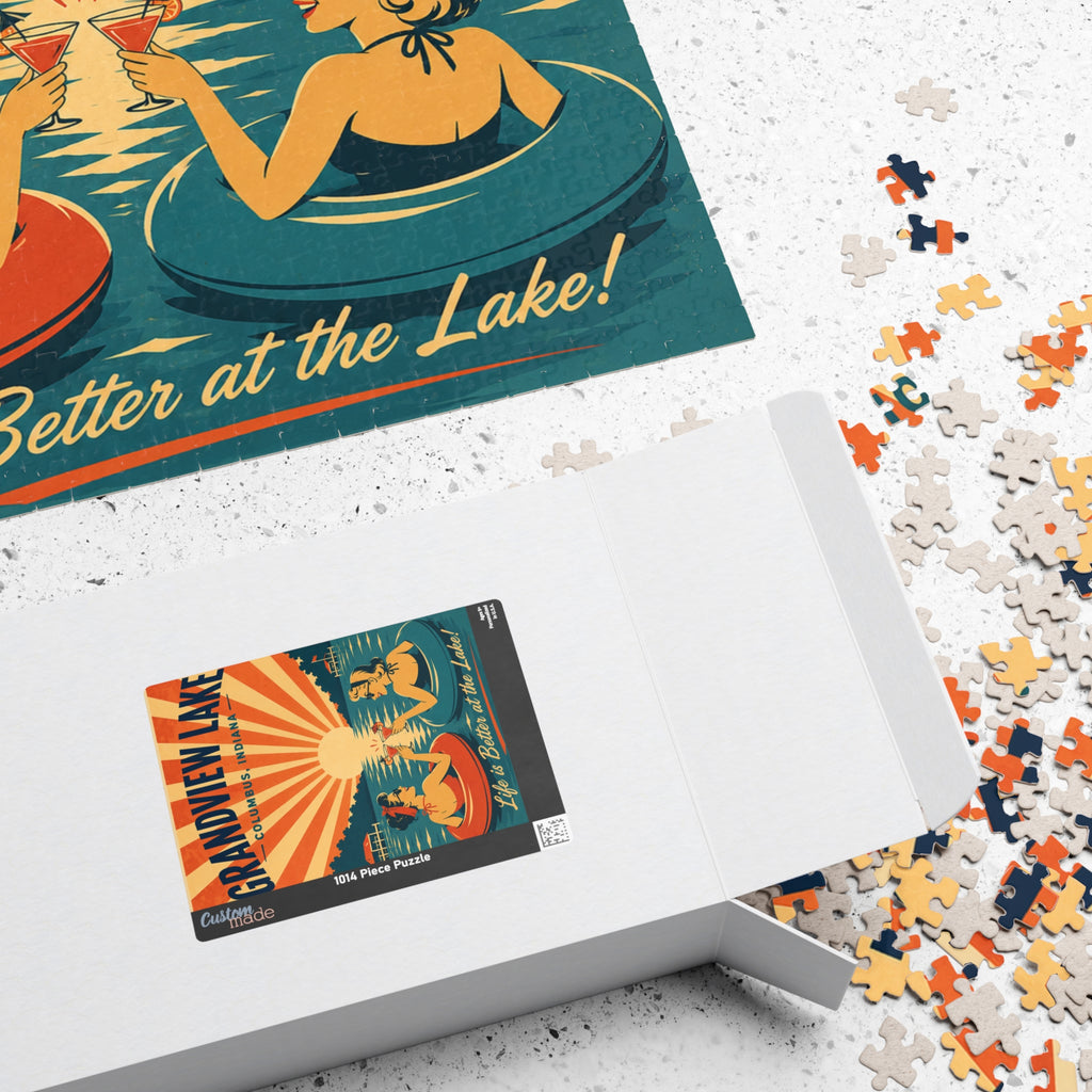 Grandview Lake Retro Float Sunset Puzzle — 'Life is Better at the Lake' (110–1014 pcs)