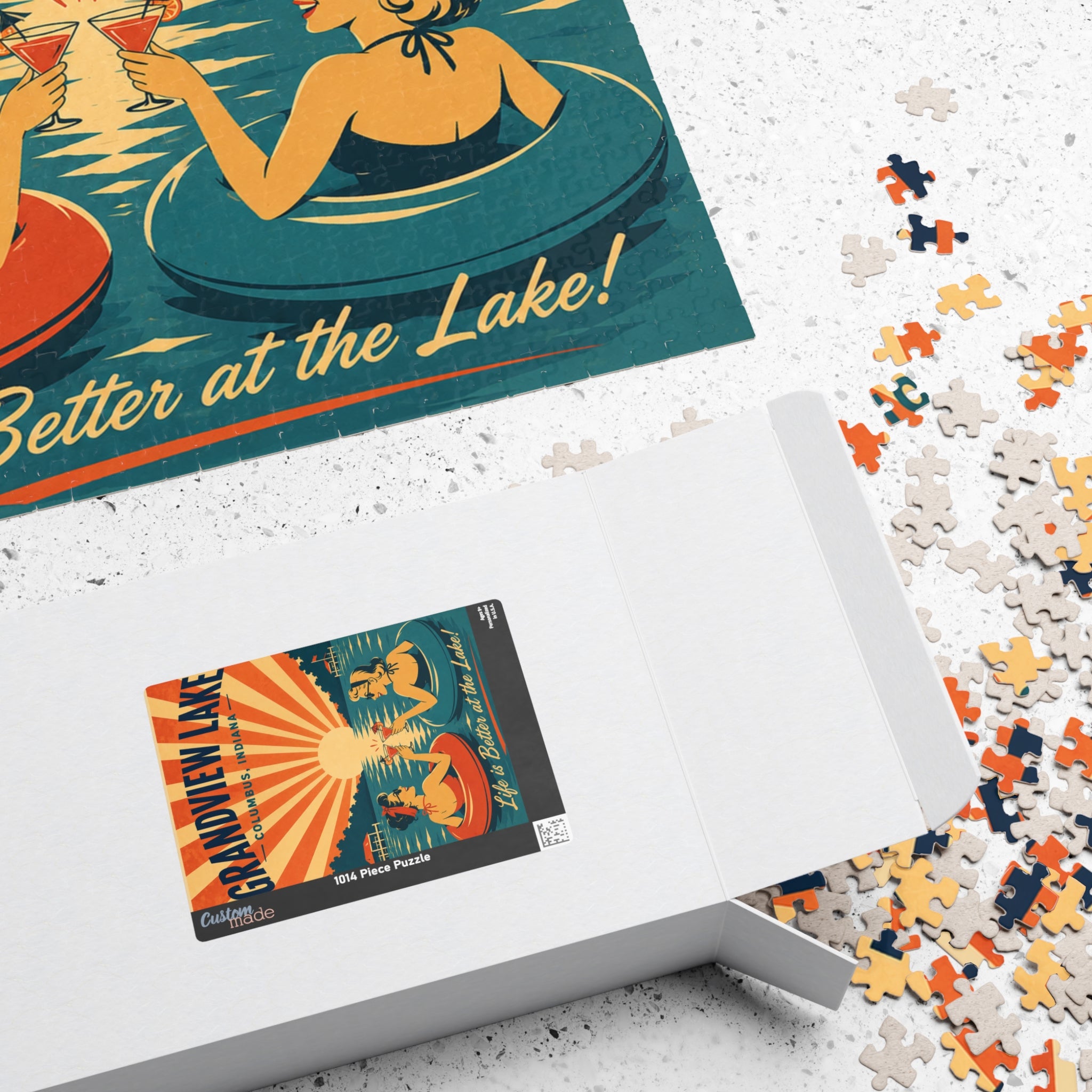 Grandview Lake Retro Float Sunset Puzzle — 'Life is Better at the Lake' (110–1014 pcs)