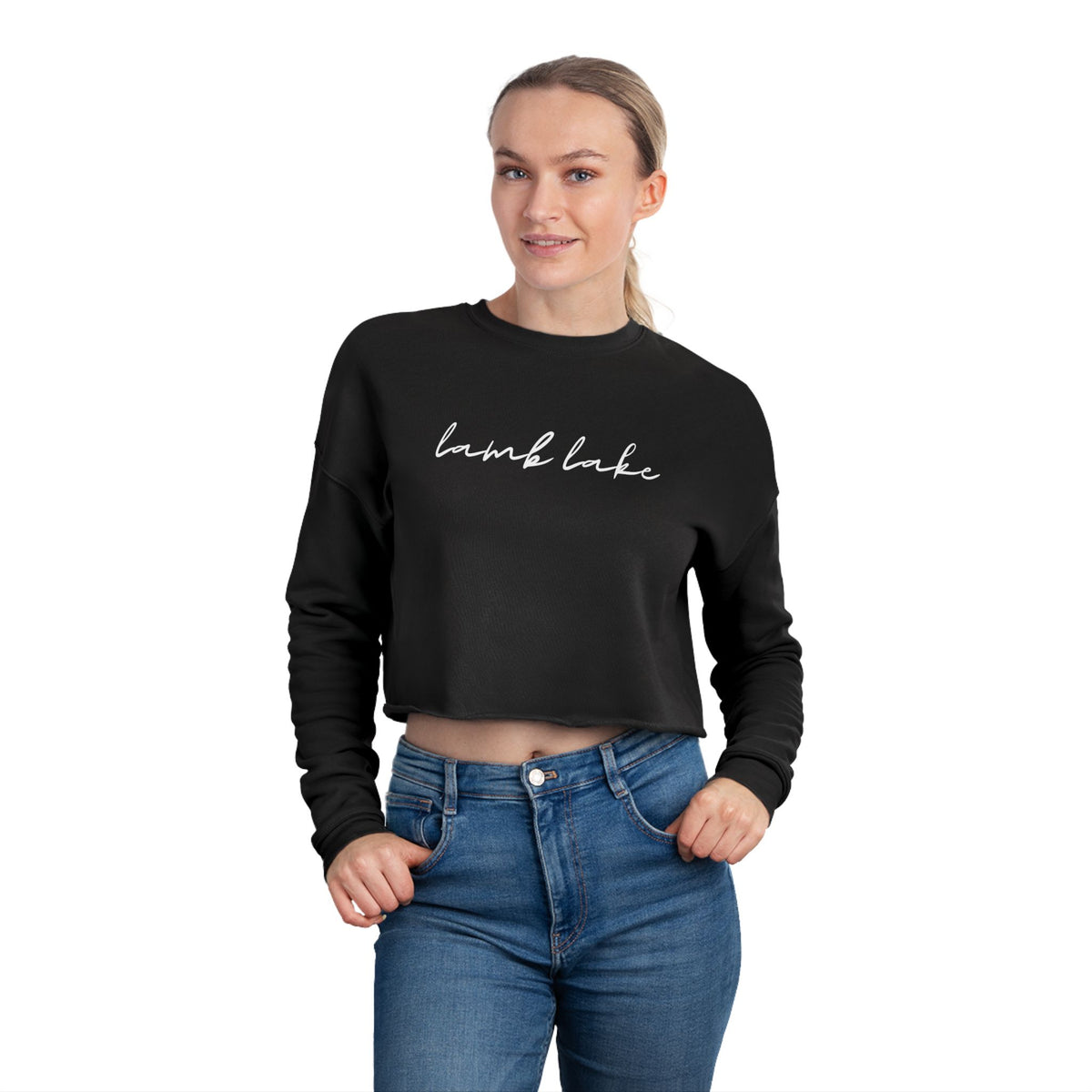 Cropped Hem Sweatshirt — 'lamb lake' Script Logo, Cozy Casual Pullover