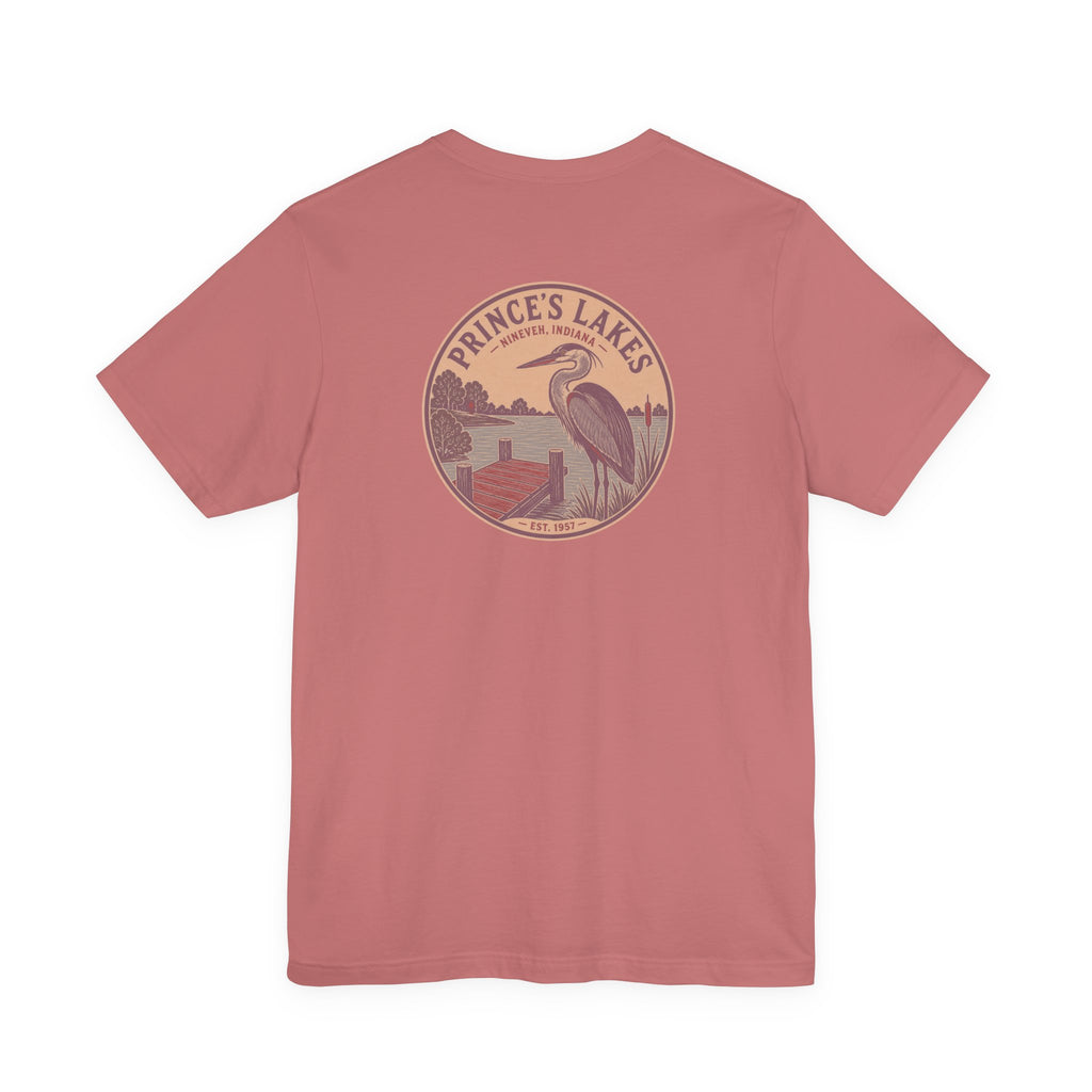 Prince's Lakes Great Blue Heron Graphic Tee — Vintage Nature Pocket & Back Print