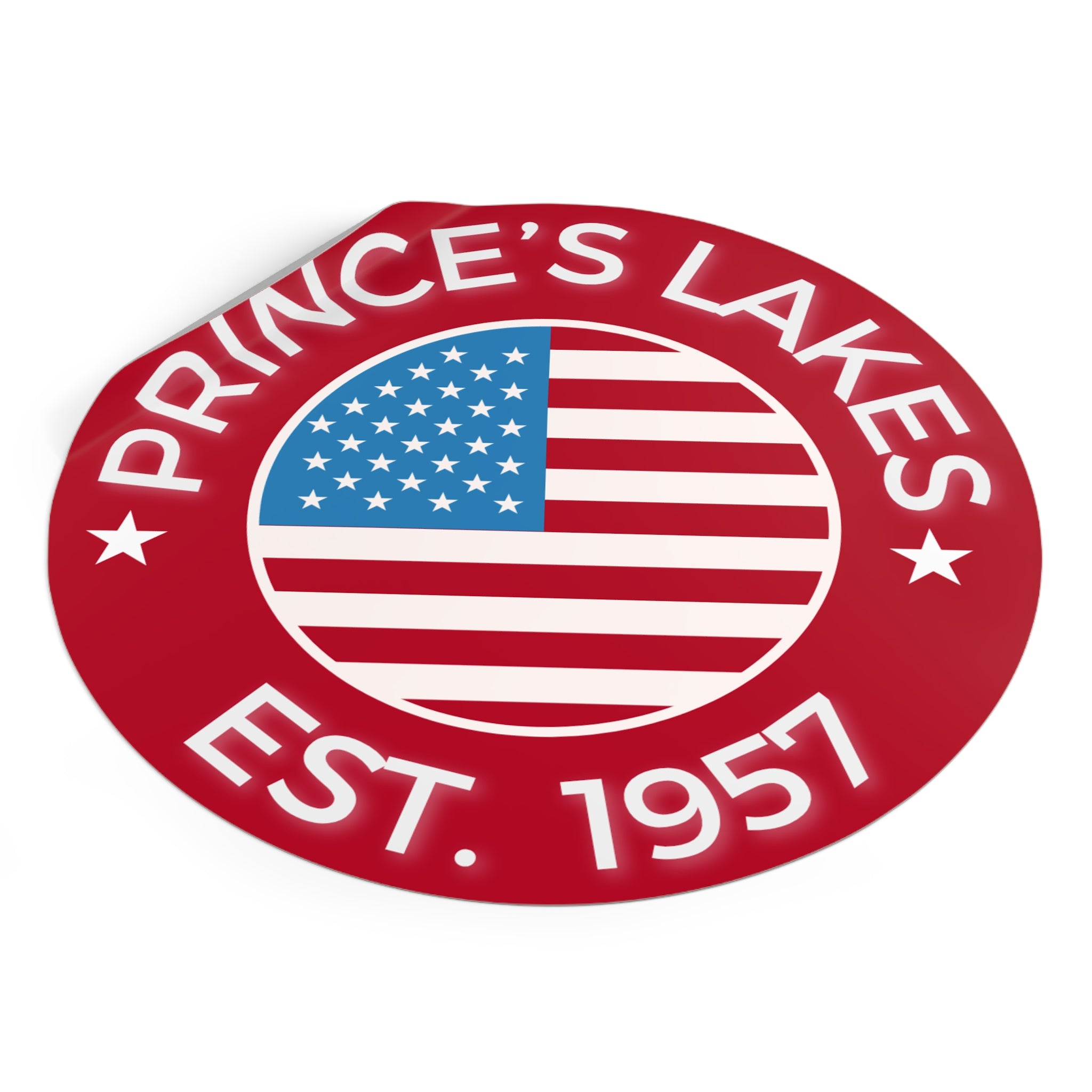 Prince's Lakes Est. 1957 Round Vinyl Sticker — American Flag Lake Pride