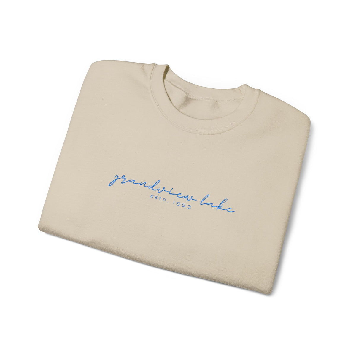 Grandview Lake Script Embroidered Unisex Sweatshirt — Minimal Blue Handwritten Logo Crewneck