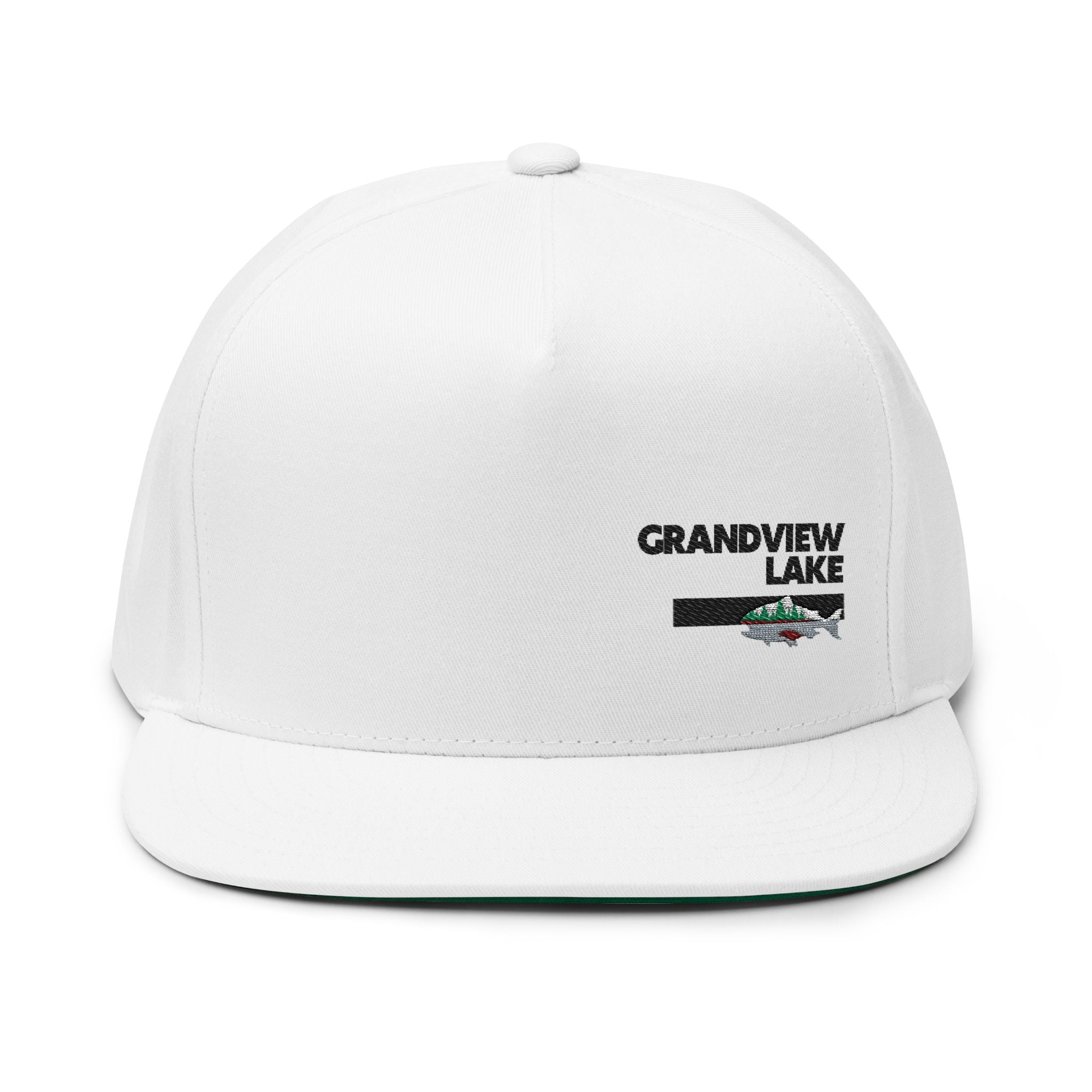 Grandview Lake Black Embroidered Flat Bill Cap — Fishing & Lake Life Snapback