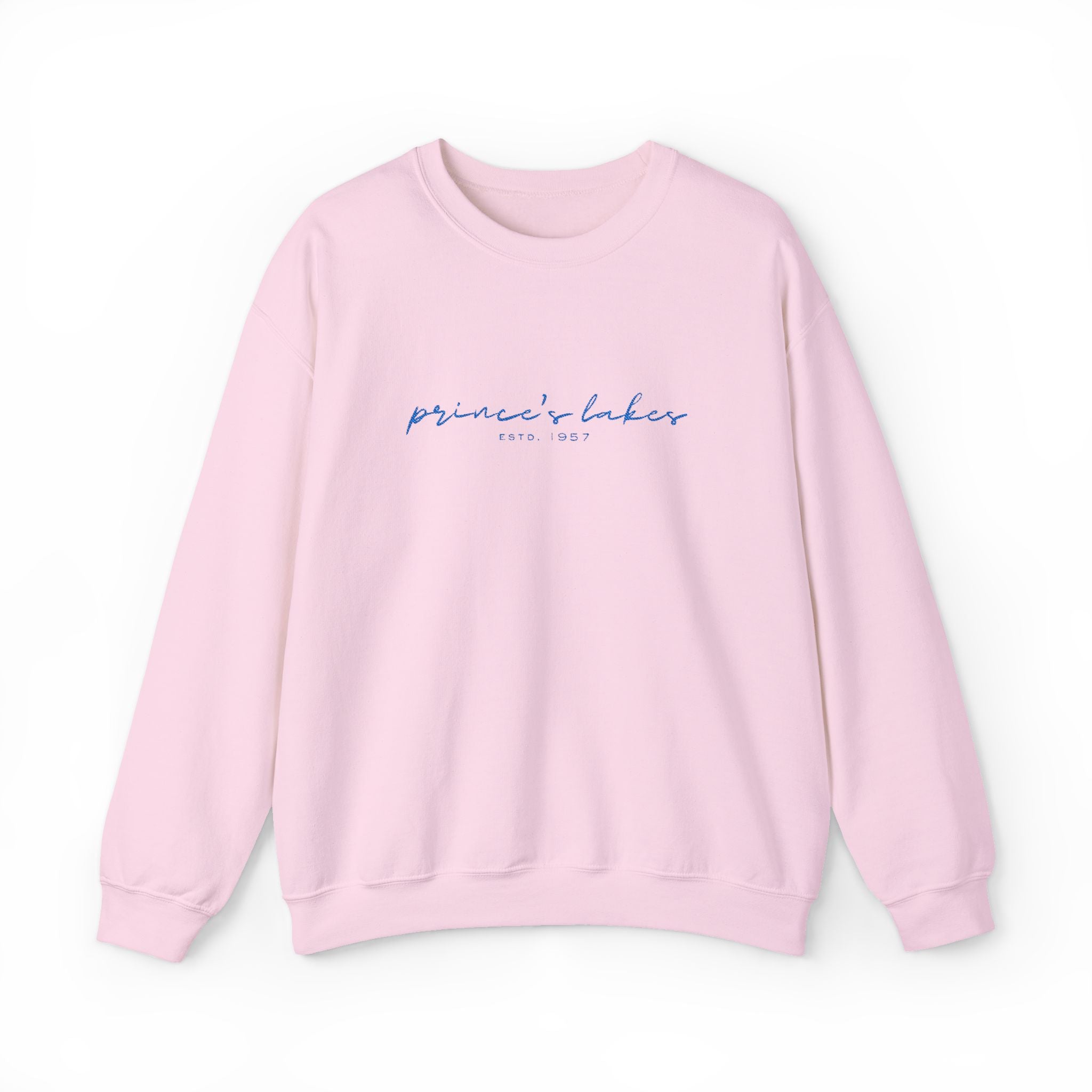 'Prince's Lakes' Script Embroidered Unisex Sweatshirt — Minimal Blue Handwritten Logo Crewneck