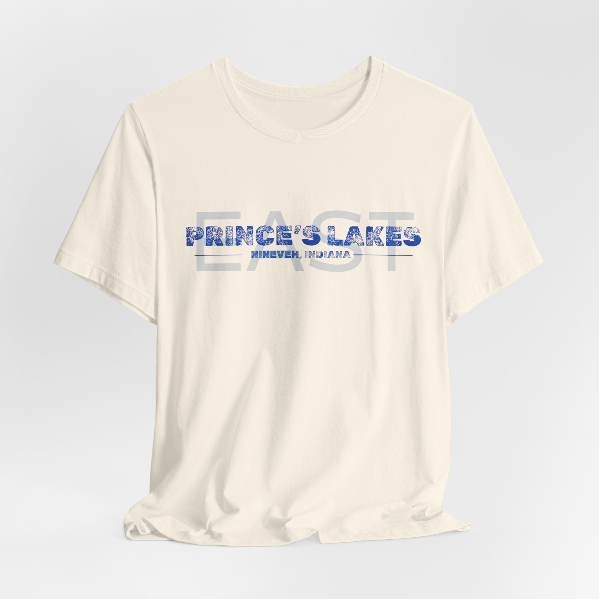 EAST Prince's Lakes, Indiana Tee — Vintage Blue Text Short Sleeve T-Shirt