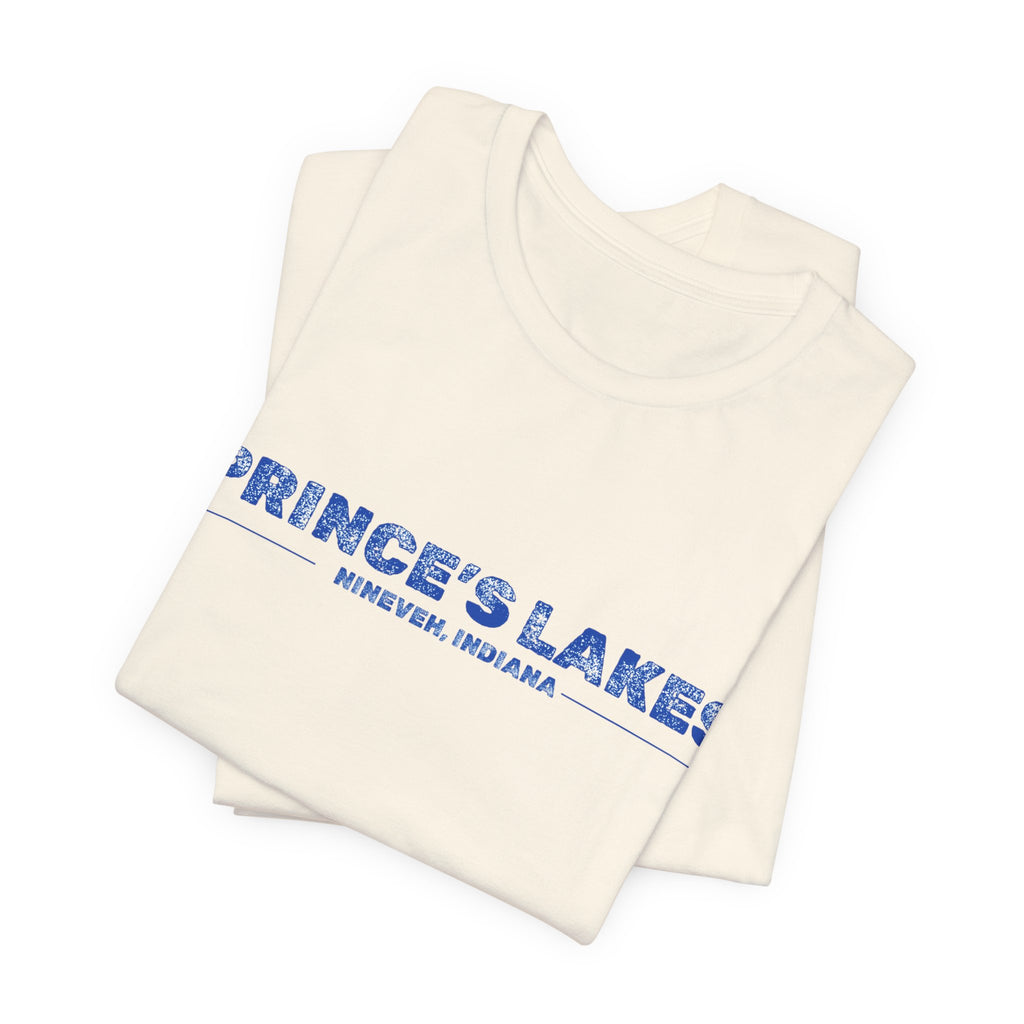 Prince's Lakes, Indiana Tee — Vintage Blue Text Short Sleeve T-Shirt