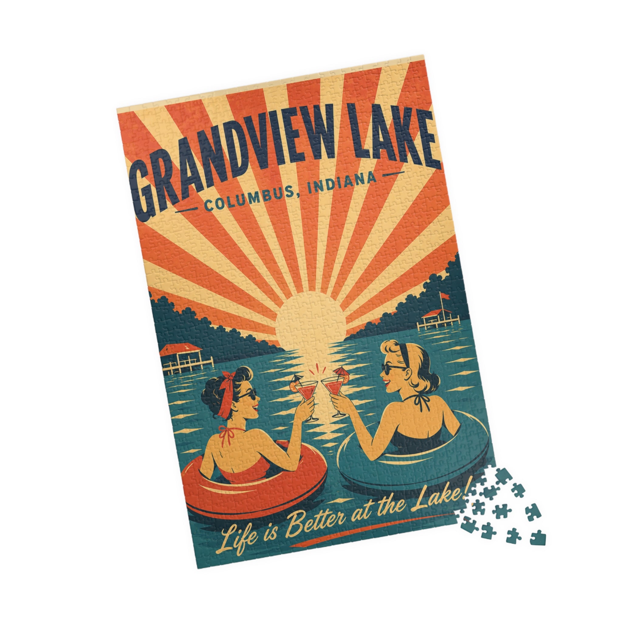 Grandview Lake Retro Float Sunset Puzzle — 'Life is Better at the Lake' (110–1014 pcs)