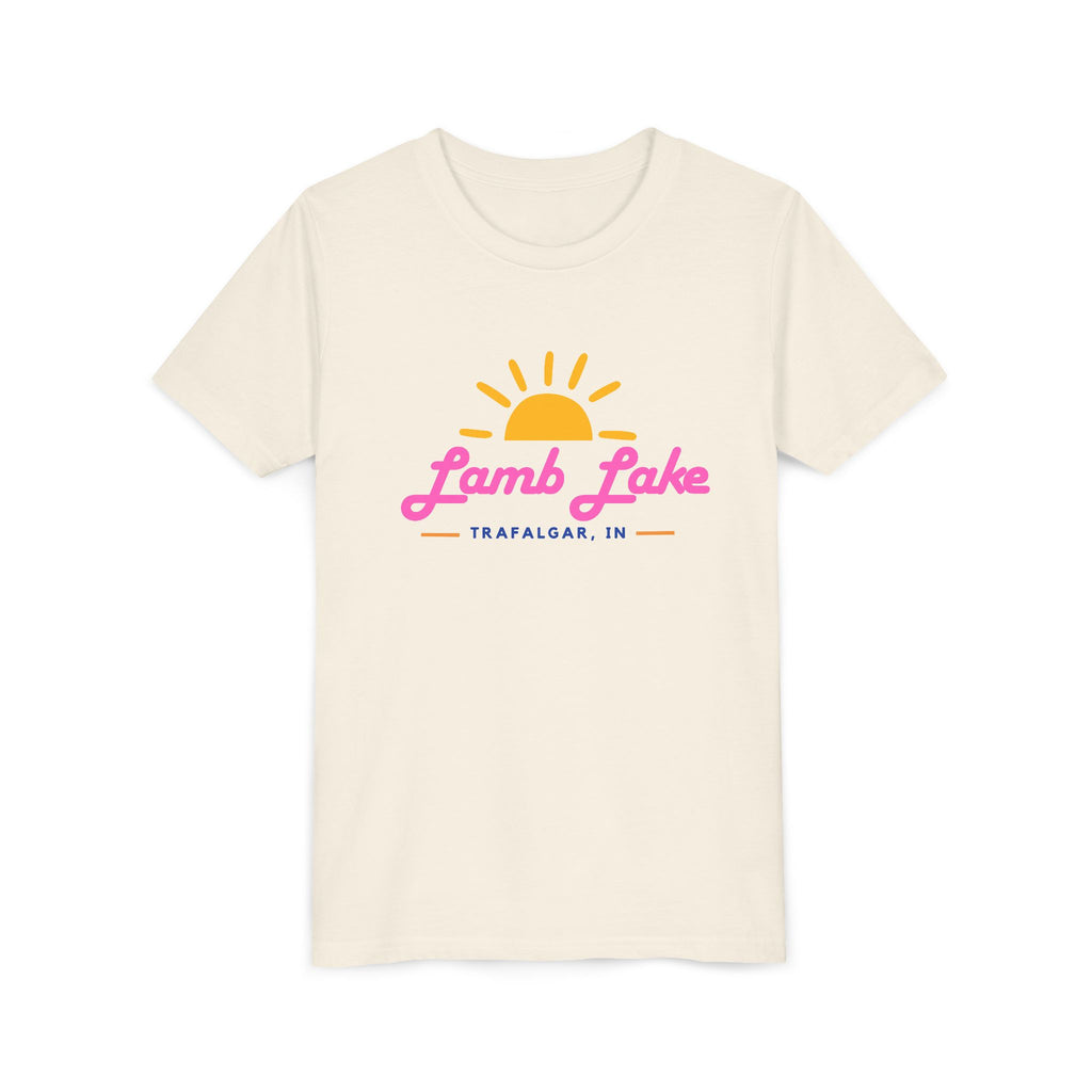 Youth Tee — Lamb Lake Retro Sunset Kids Shirt (Trafalgar, IN)