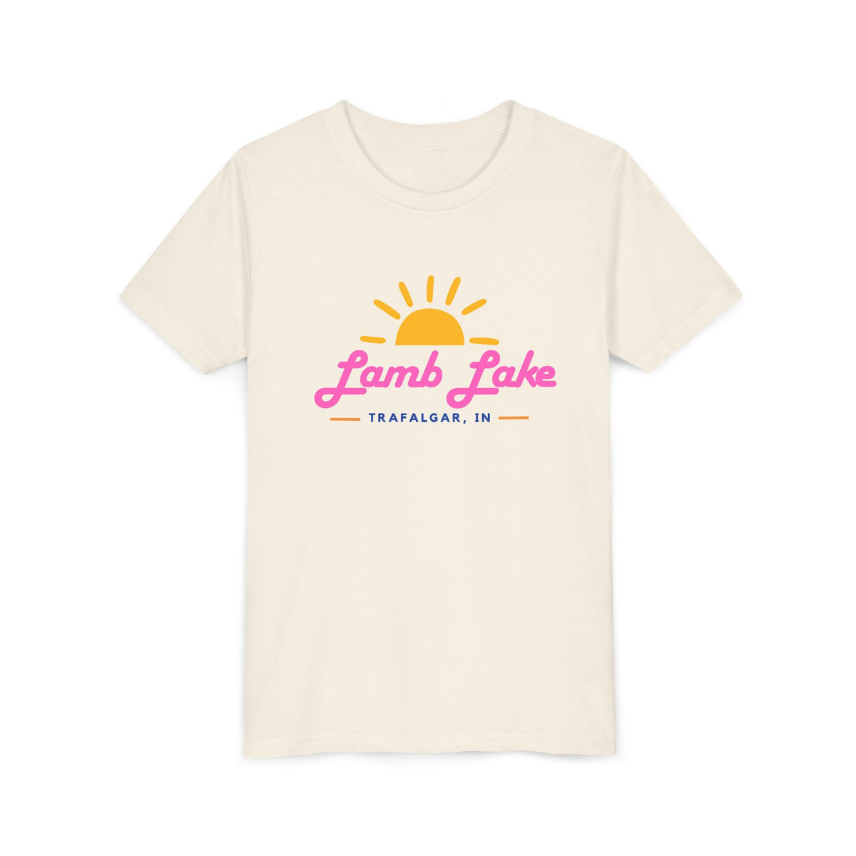 Youth Tee — Lamb Lake Retro Sunset Kids Shirt (Trafalgar, IN)
