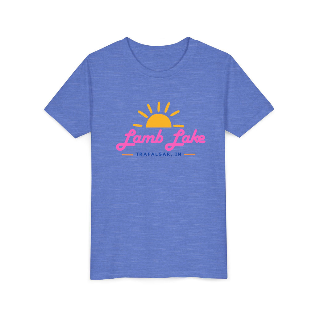 Youth Tee — Lamb Lake Retro Sunset Kids Shirt (Trafalgar, IN)