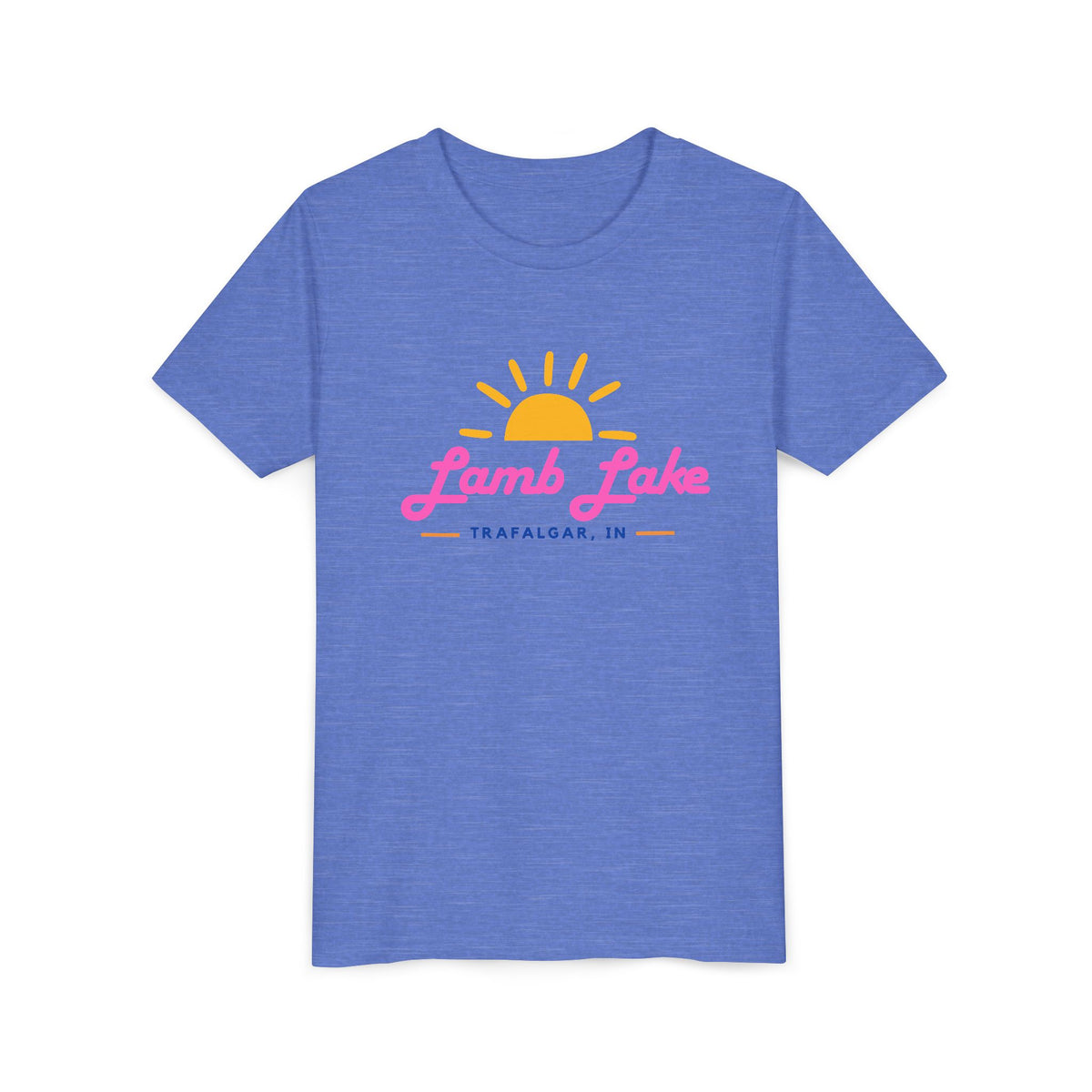 Youth Tee — Lamb Lake Retro Sunset Kids Shirt (Trafalgar, IN)