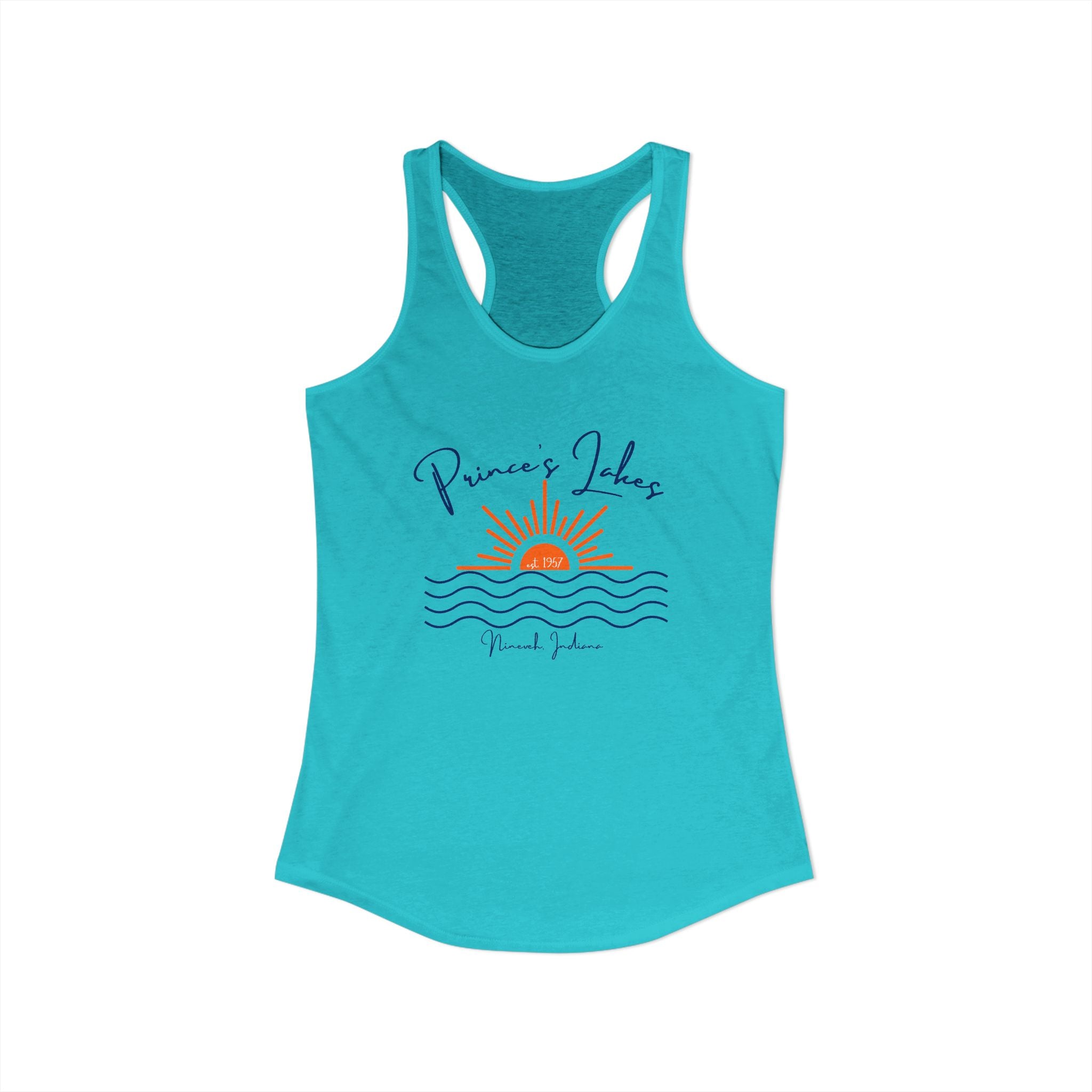 Women's Ideal Racerback Tank- Sun over Water "Prince's Lakes" Script