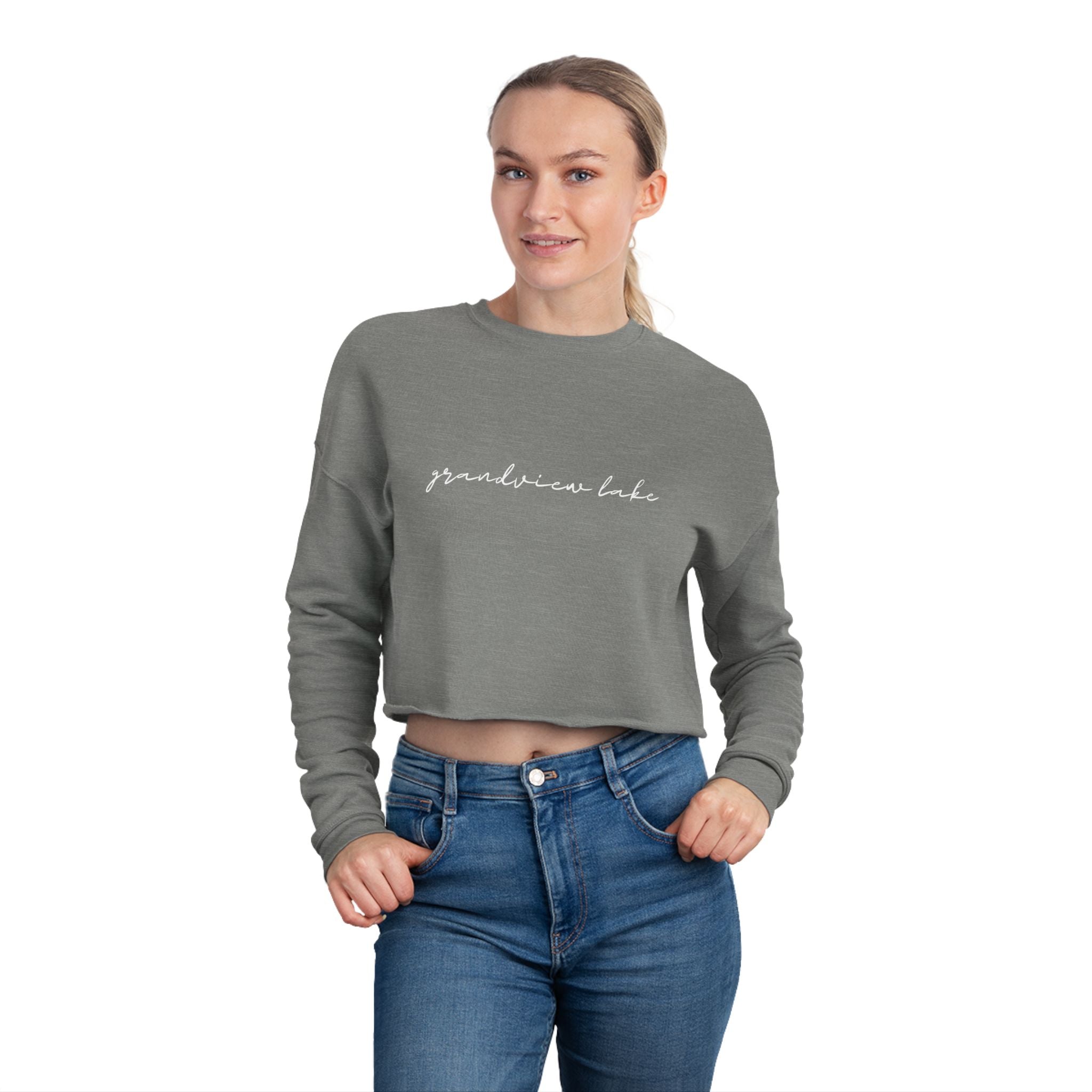 Cropped Hem Sweatshirt — 'grandview lake' Script Logo, Cozy Casual Pullover