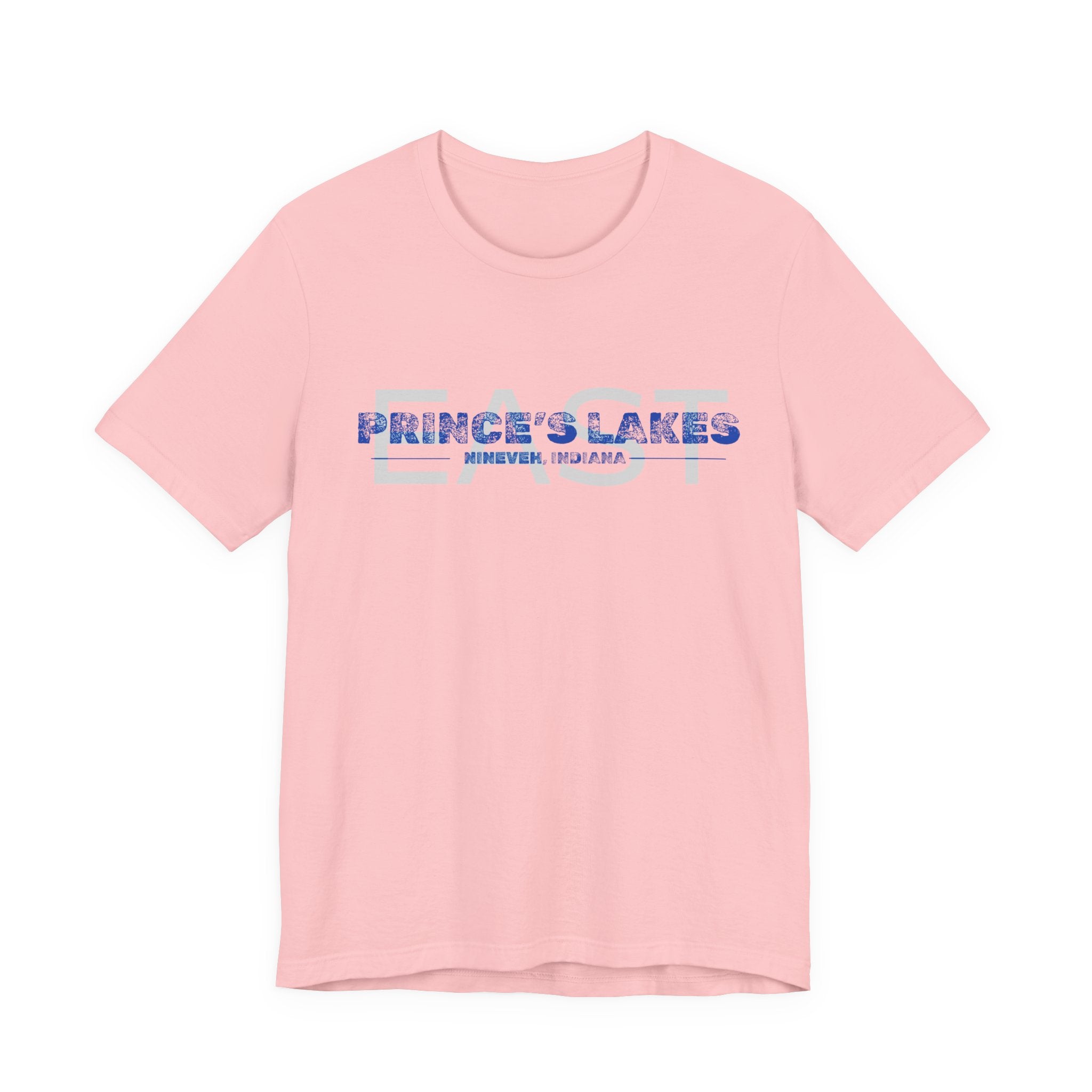 EAST Prince's Lakes, Indiana Tee — Vintage Blue Text Short Sleeve T-Shirt