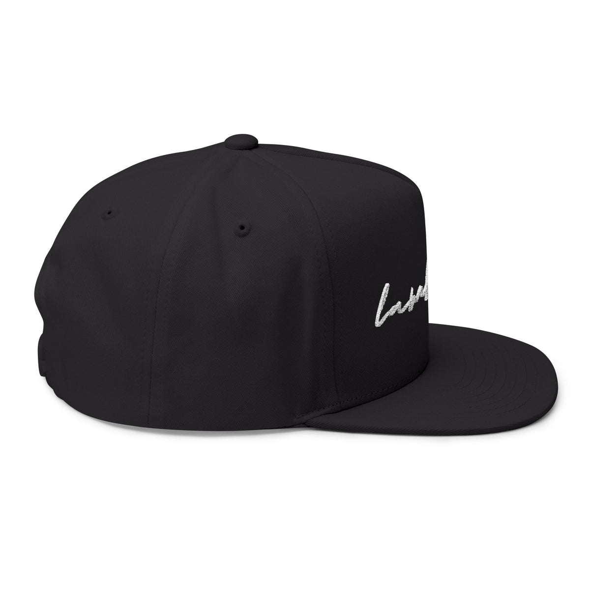 Lamb Lake White Script Embroidered Flat Bill Cap