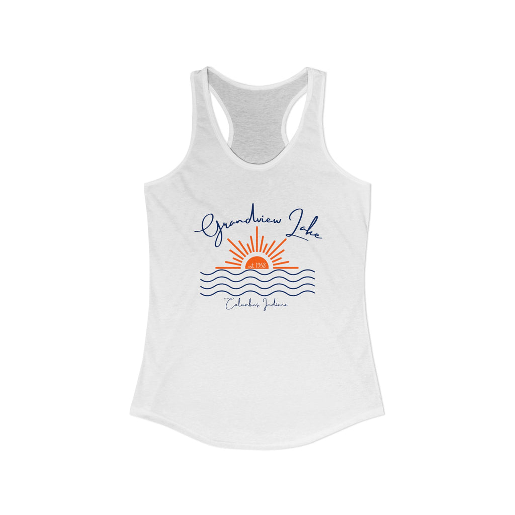Women's Ideal Racerback Tank- Sun over Water "Grandview Lake" Script