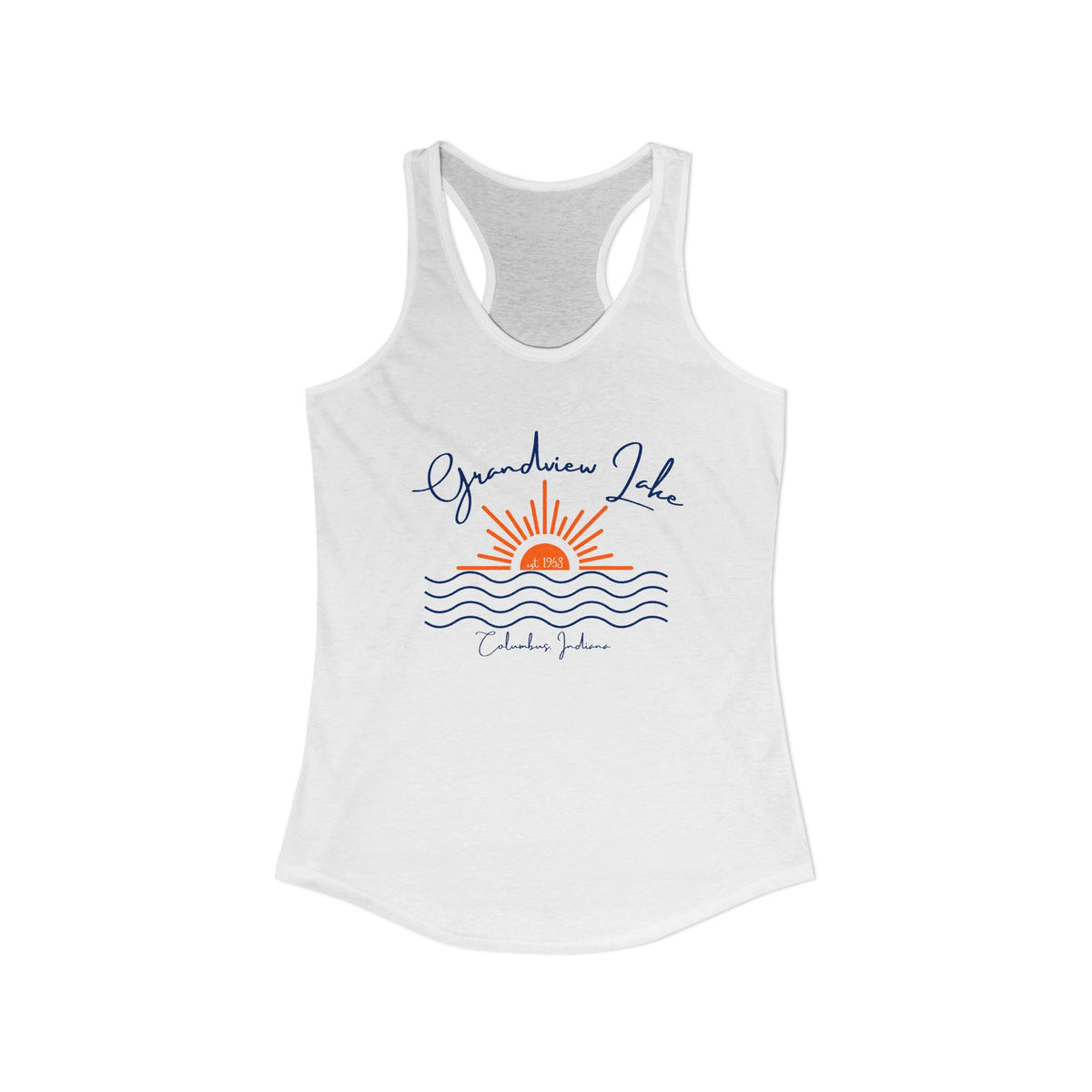 Women's Ideal Racerback Tank- Sun over Water "Grandview Lake" Script