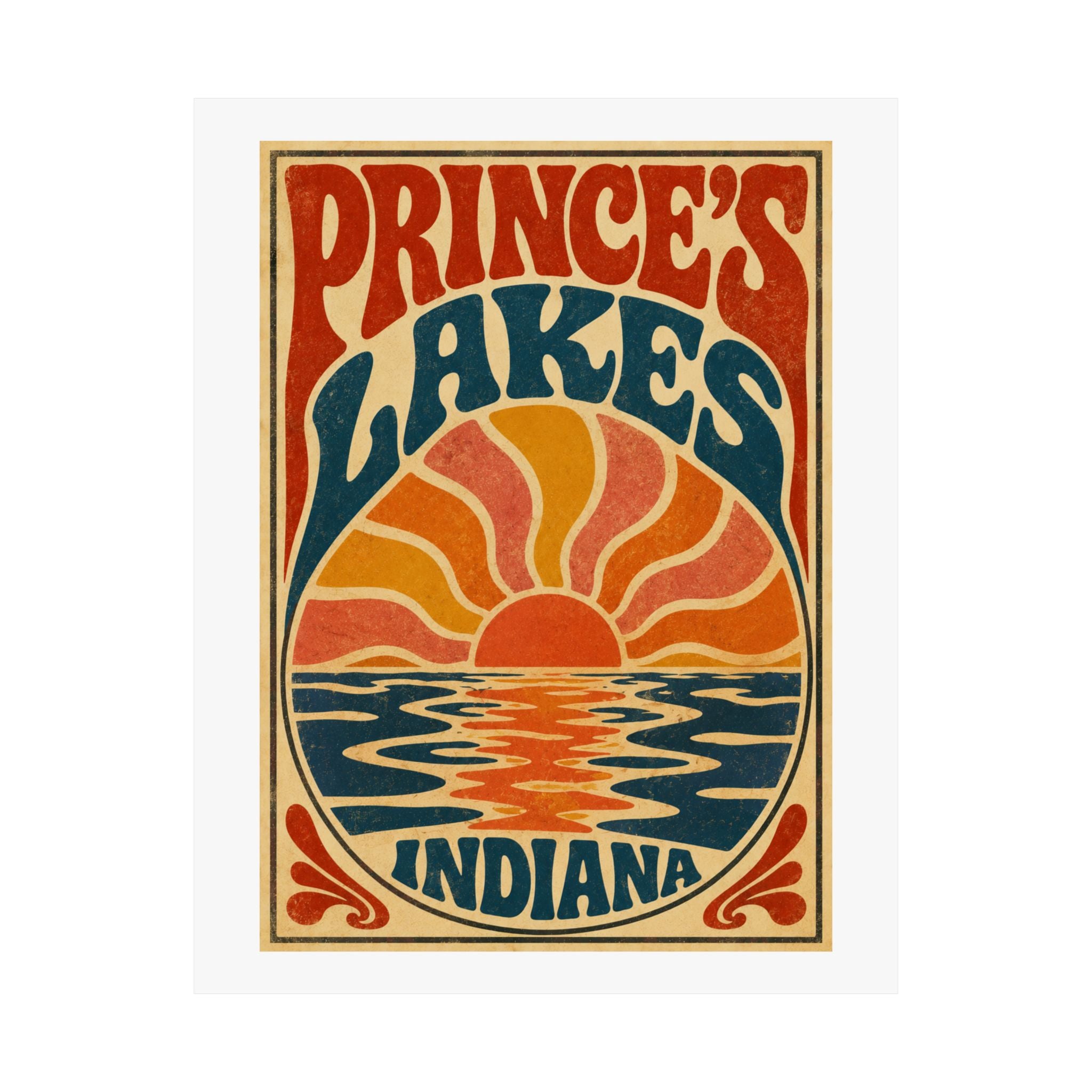 Prince's Lakes Indiana Groovy Sunset Poster — Matte Vertical Wall Art