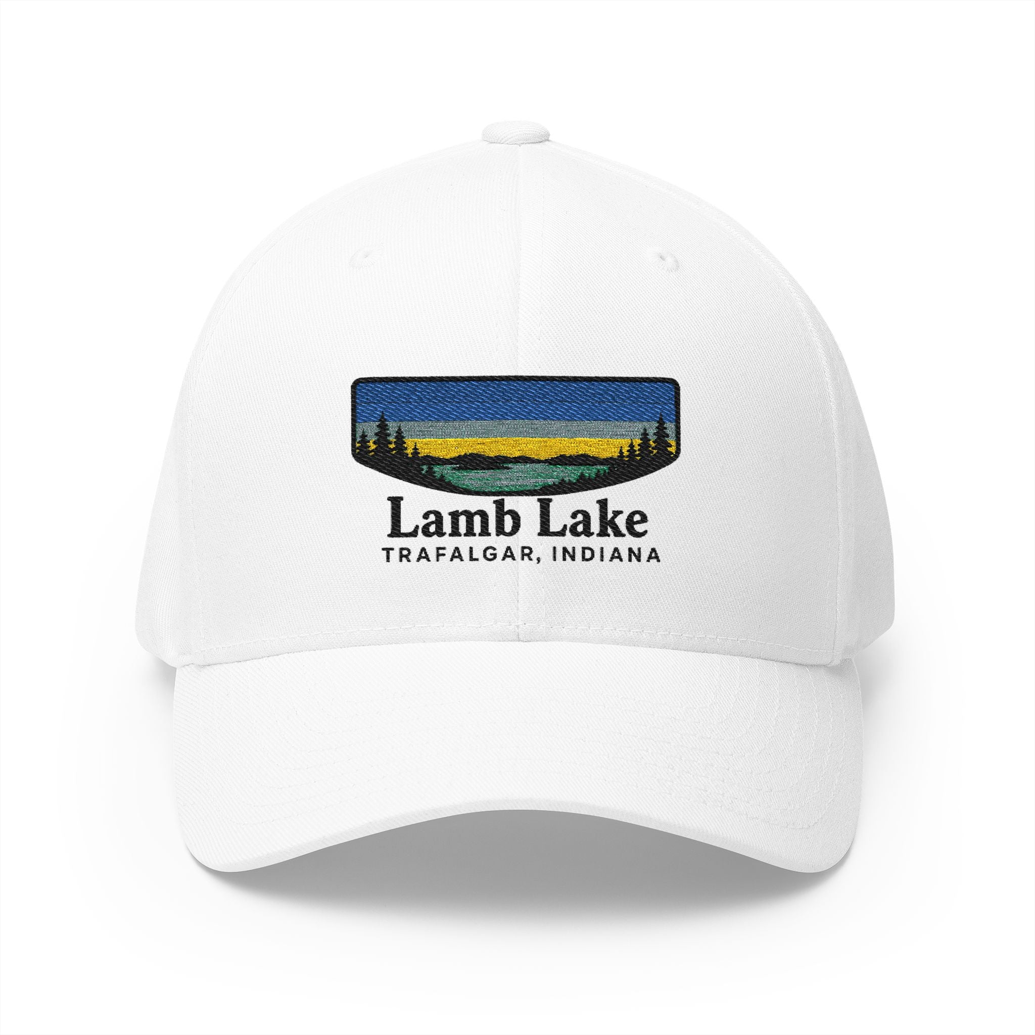 Lamb Lake Embroidered Cap — Scenic Lake Sunset Hat
