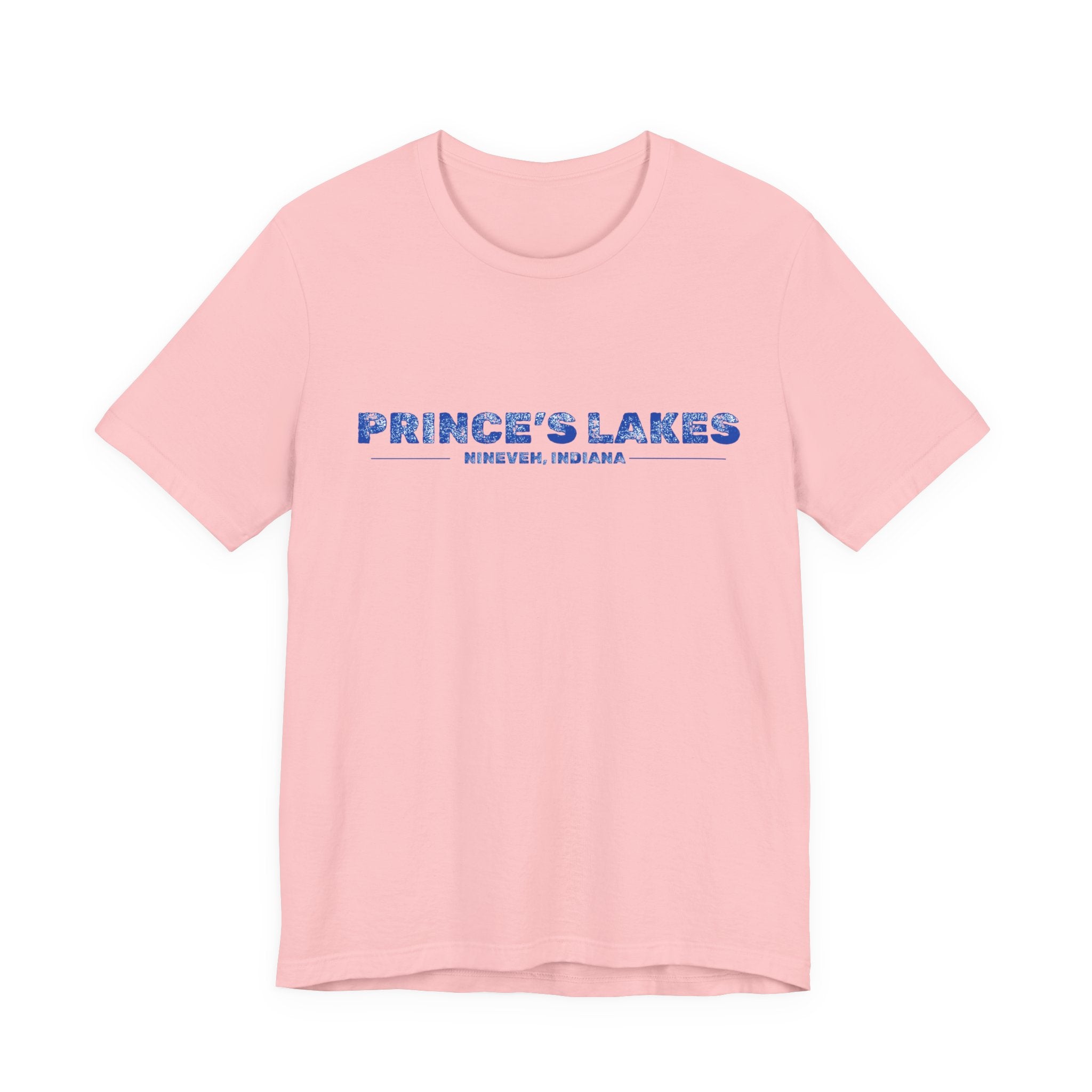 Prince's Lakes, Indiana Tee — Vintage Blue Text Short Sleeve T-Shirt