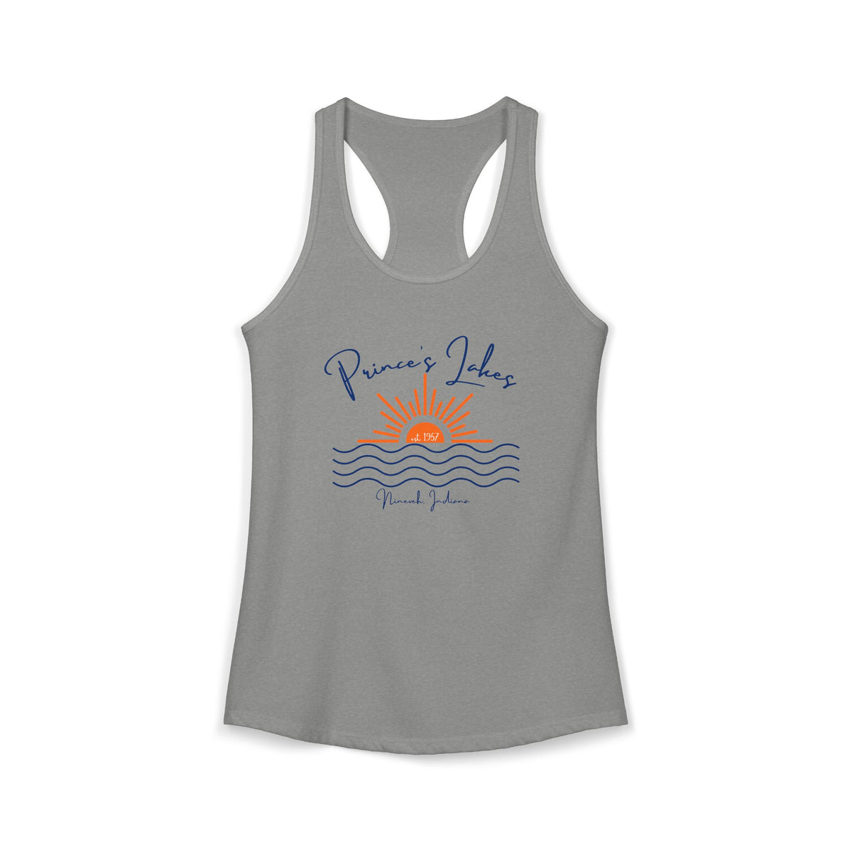 Women's Ideal Racerback Tank- Sun over Water "Prince's Lakes" Script