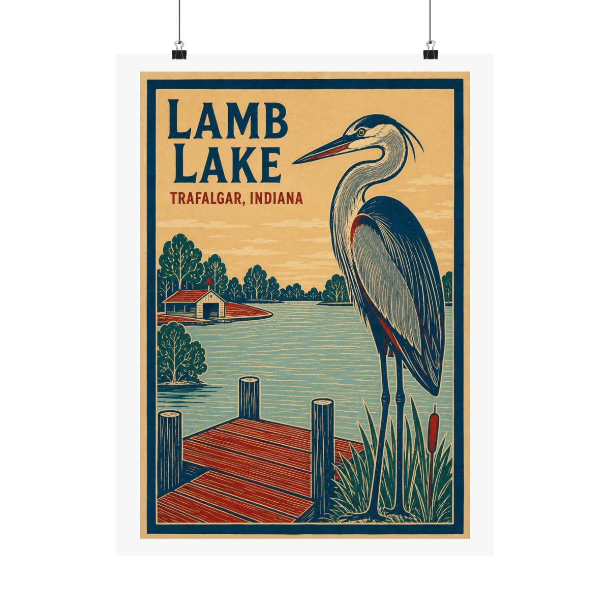 Lamb Lake Vintage Blue Heron Poster