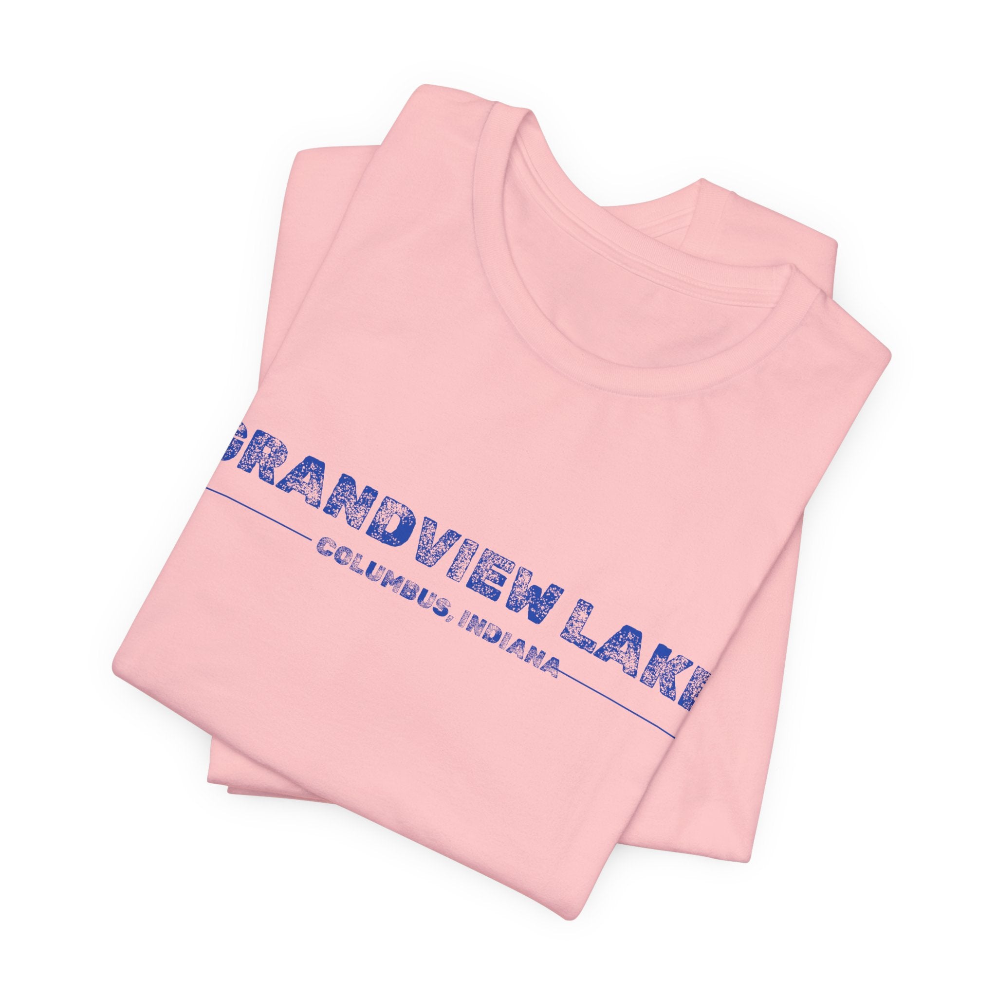 Grandview Lake Columbus, Indiana Tee — Vintage Blue Text Short Sleeve T-Shirt