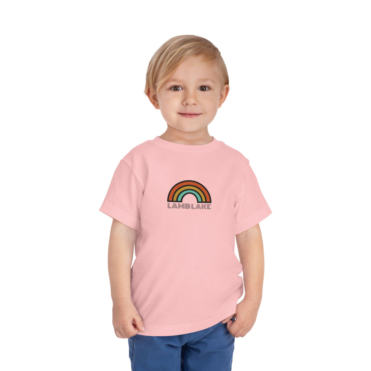 Retro Rainbow Toddler Tee — "Lamb Lake" Graphic Short Sleeve