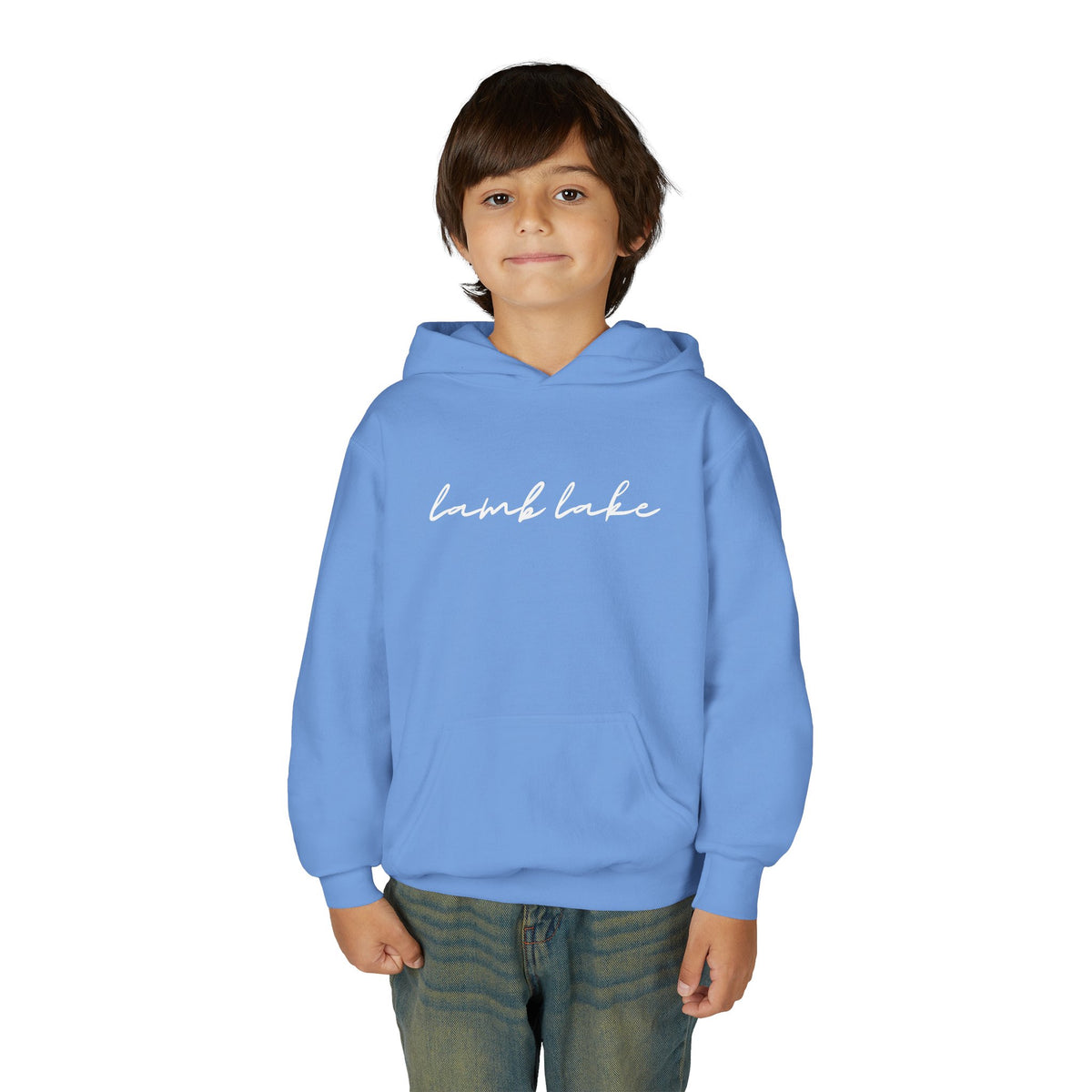 Youth Hoodie with "lamb lake" Script — Soft Casual Pullover