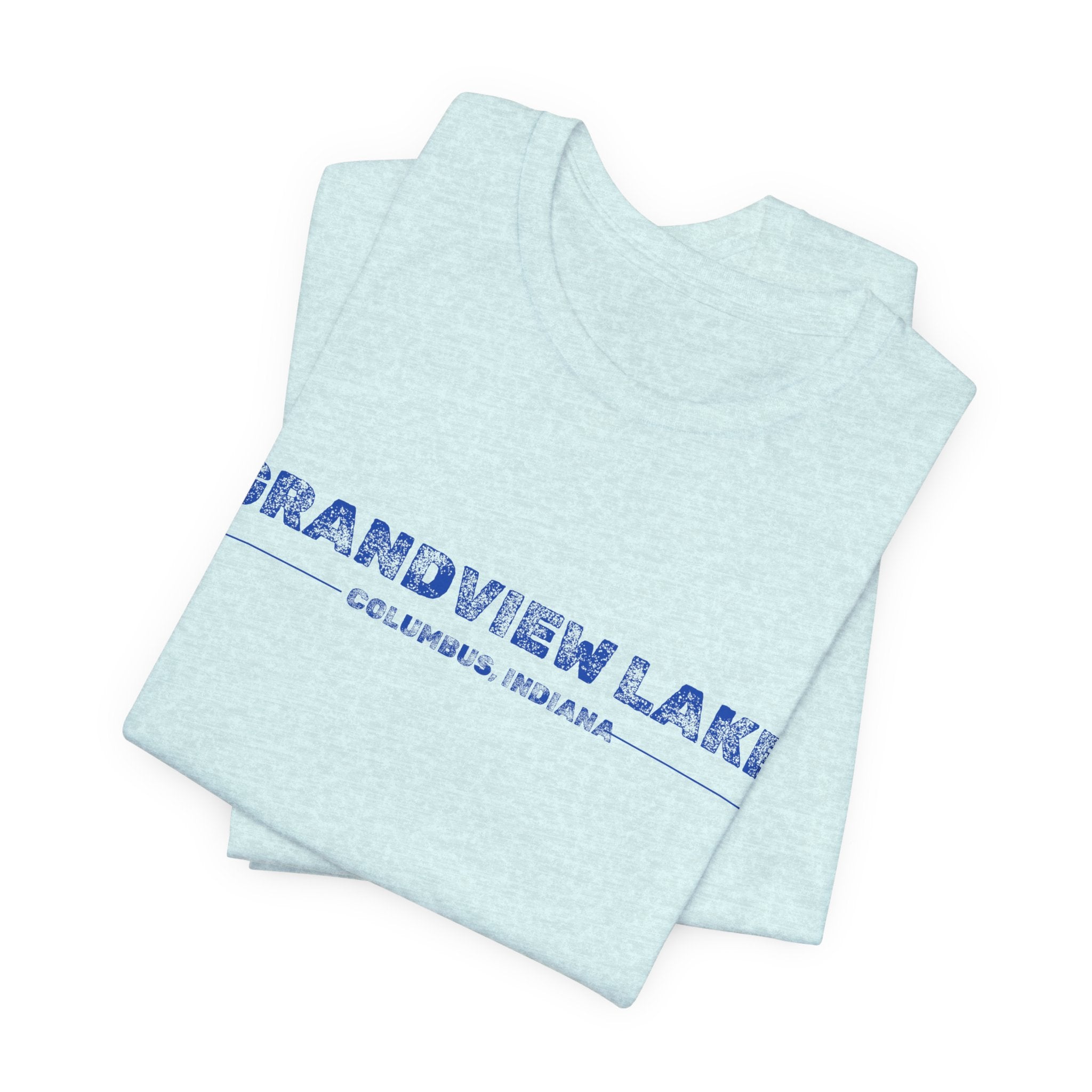 Grandview Lake Columbus, Indiana Tee — Vintage Blue Text Short Sleeve T-Shirt