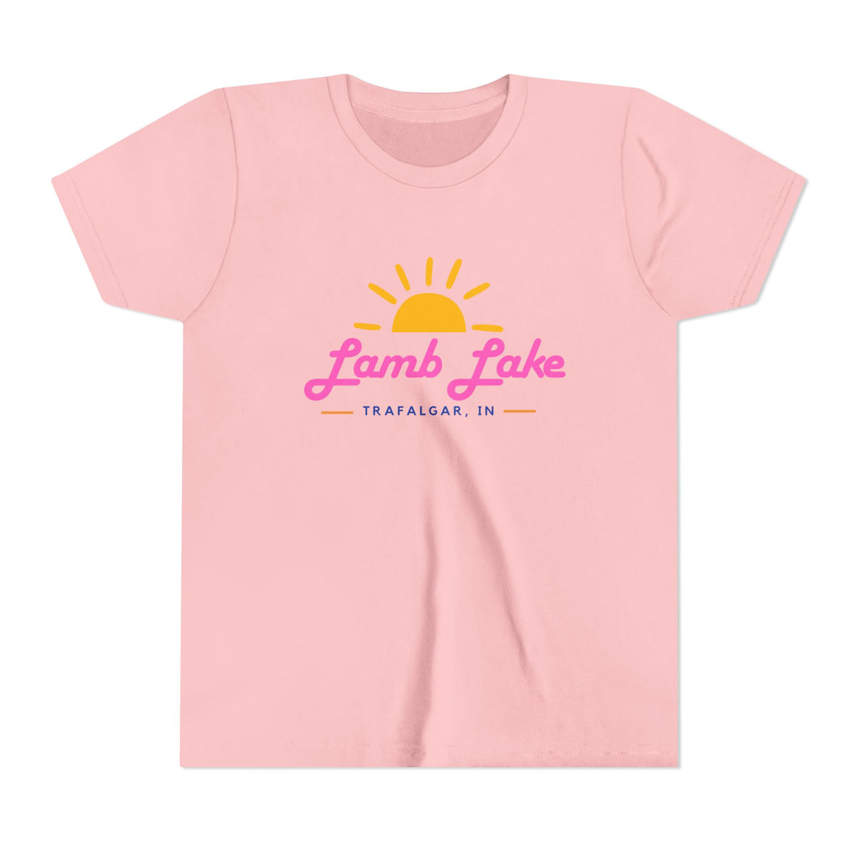 Youth Tee — Lamb Lake Retro Sunset Kids Shirt (Trafalgar, IN)